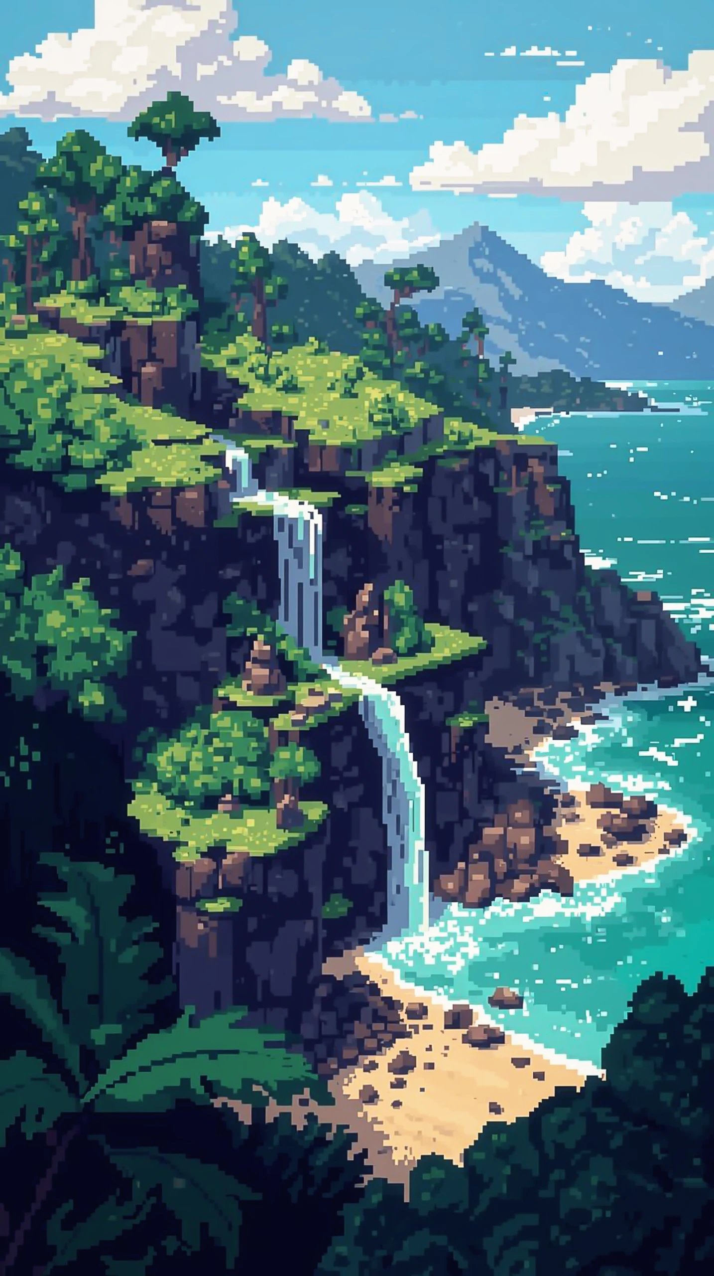 Pixel Art Wallpaper — Tropical Waterfall Beach Scene | 4kwallpapar