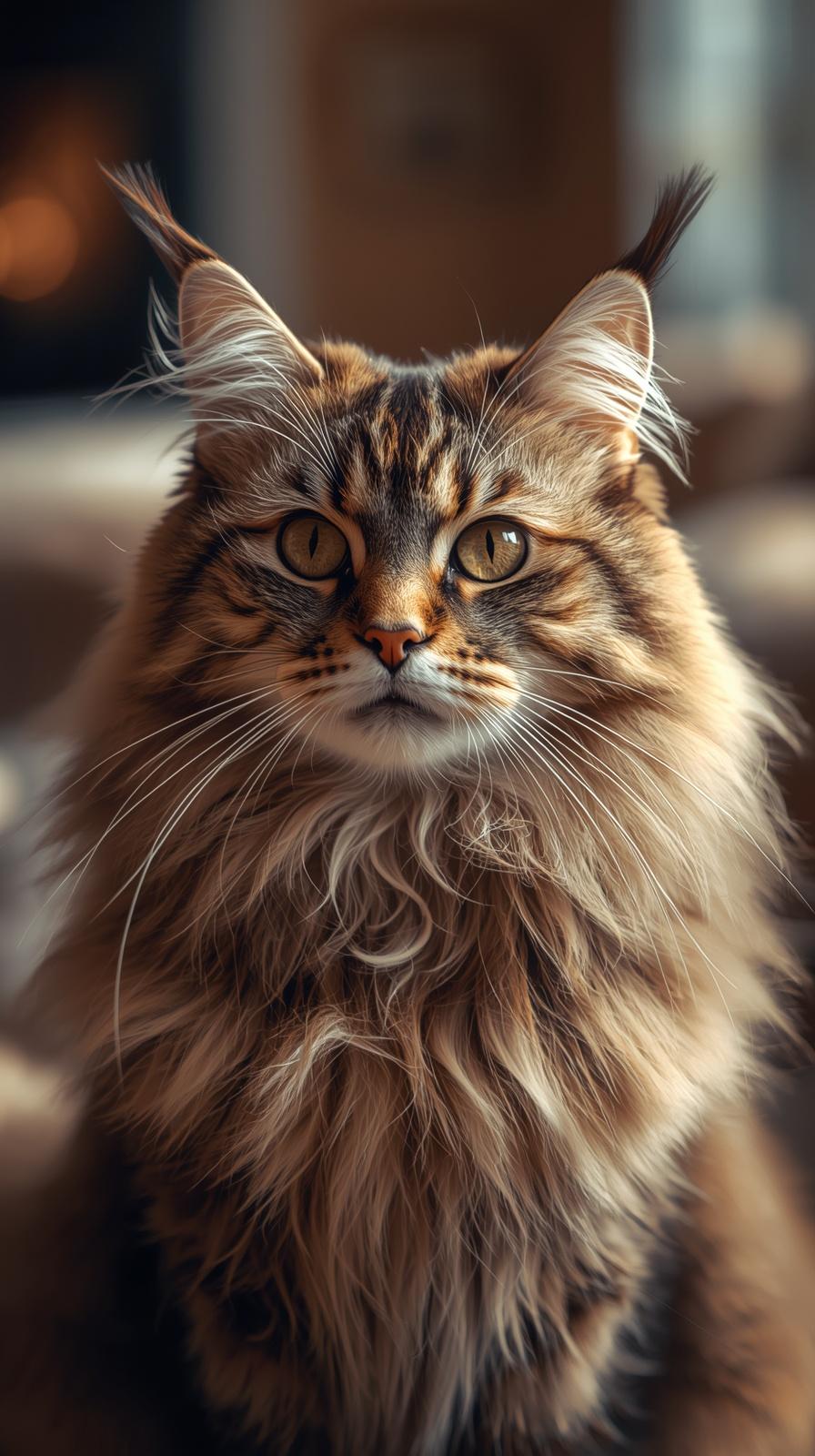 Close-up portrait of a majestic Maine Coon cat with golden fur and intense eyes.