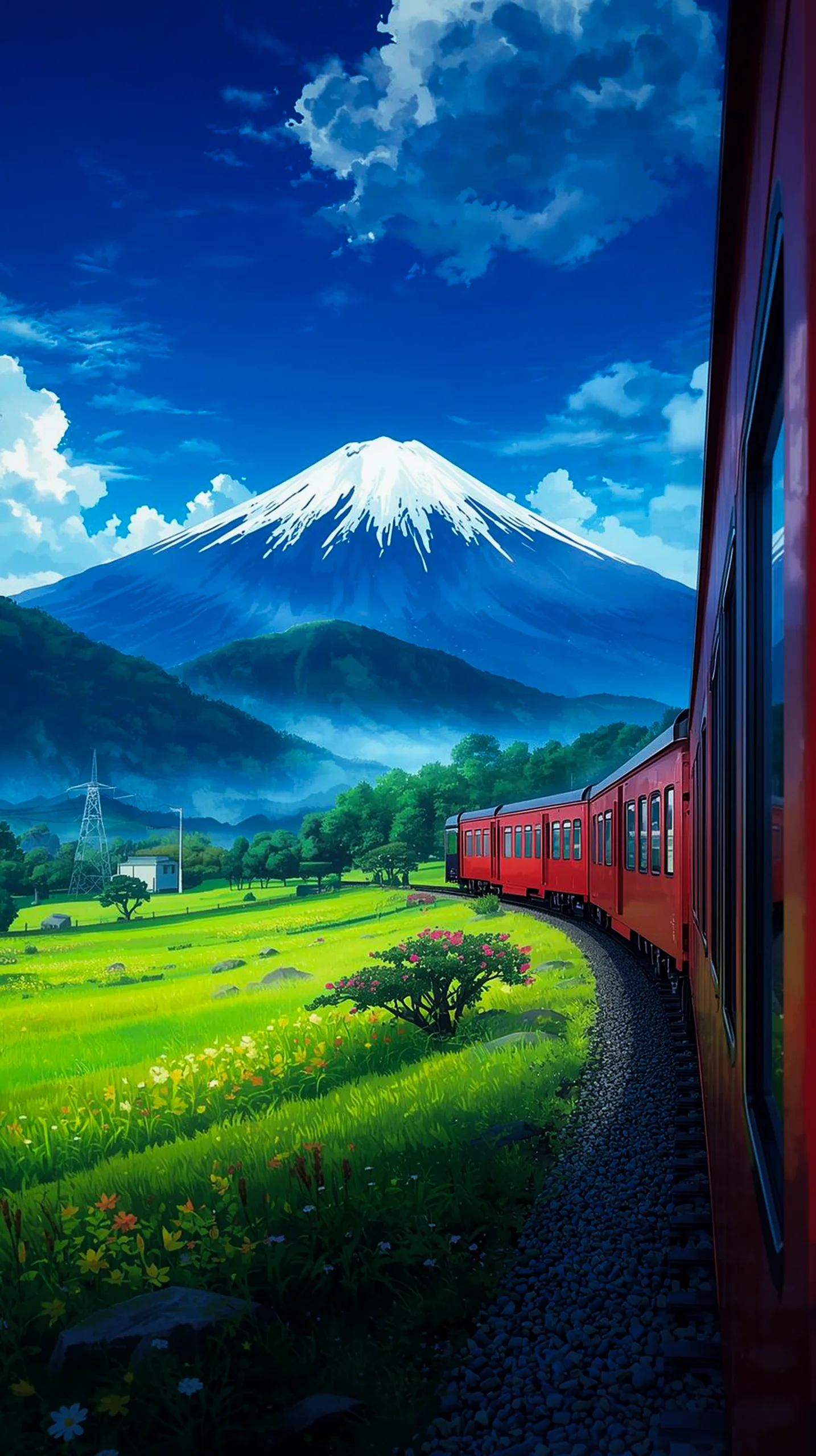 vibrant anime red train mountain landscape wallpaper for iPhone 4K