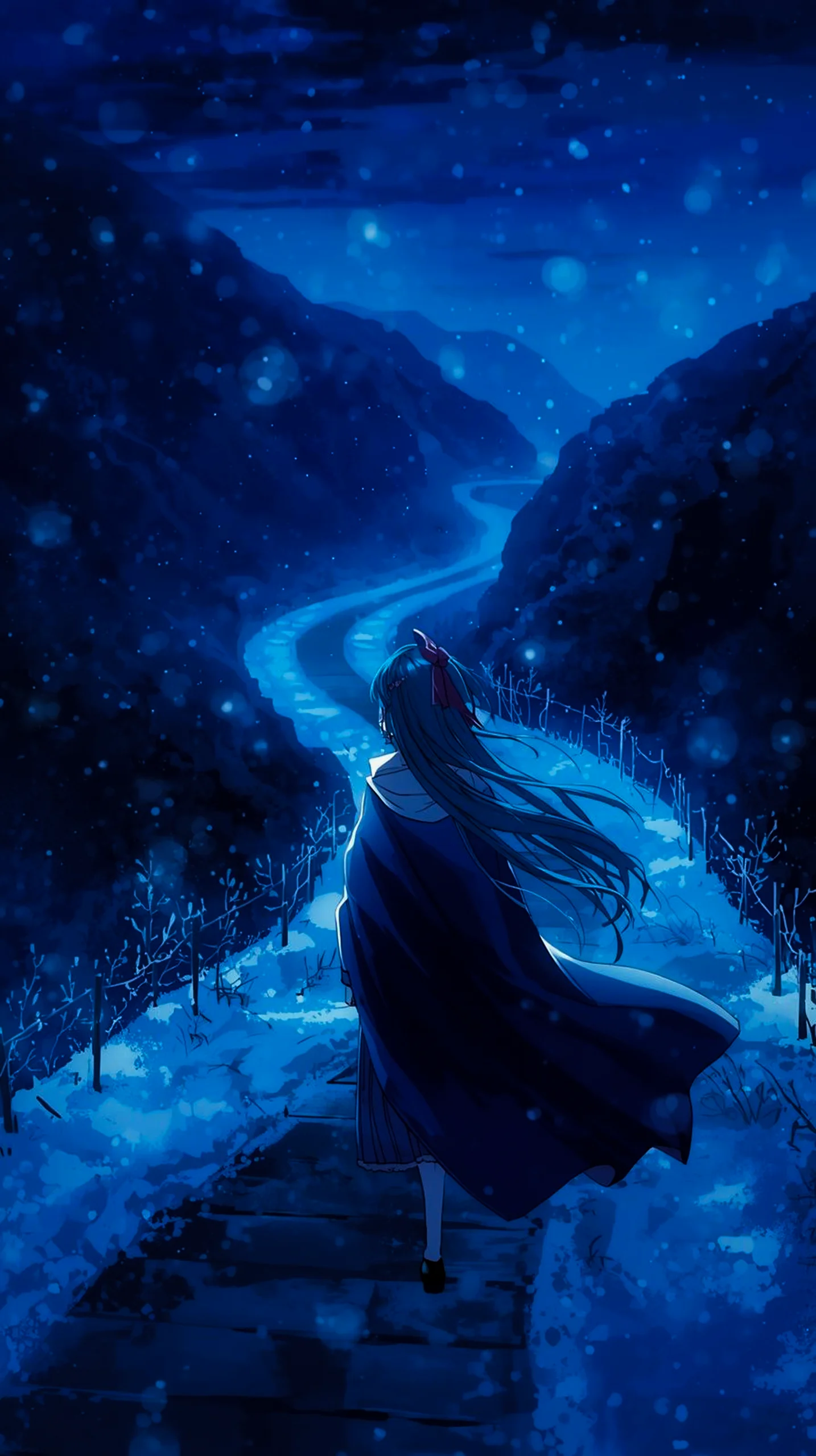 serene anime girl winter path wallpaper for iPhone Android 4K