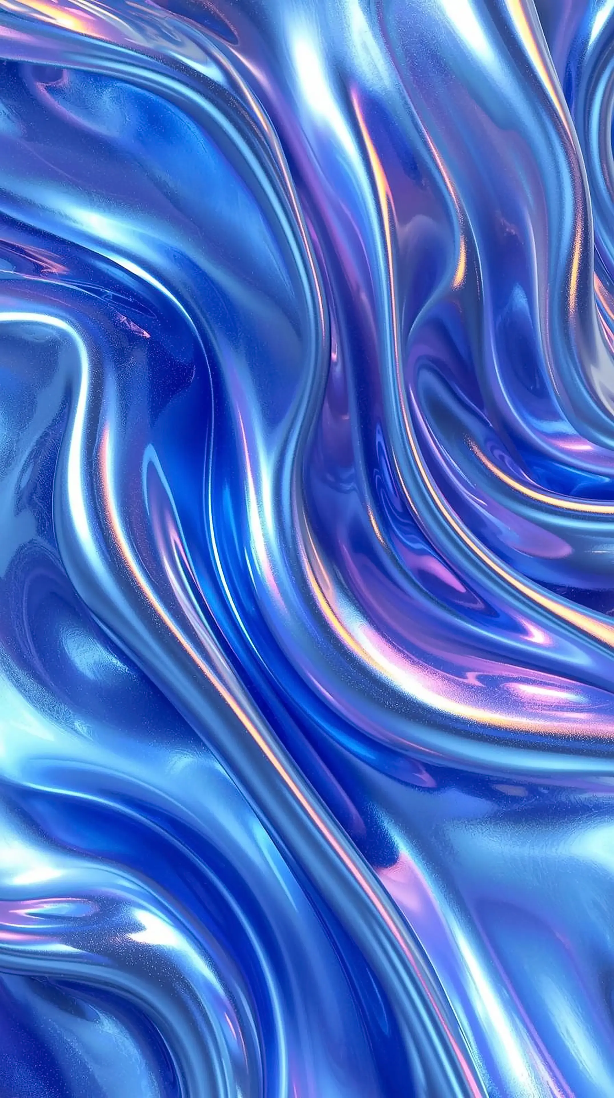 4k wallpaper for mobile Iridescent Blue Chrome Liquid Waves, Neon Purple Pink Glossy Fluid Swirls with Rainbow Reflections on Black Background
