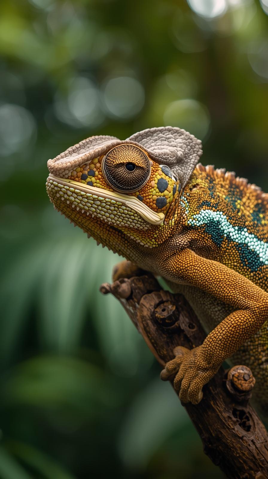 Close-up of a vibrant chameleon on a branch with a bokeh background.