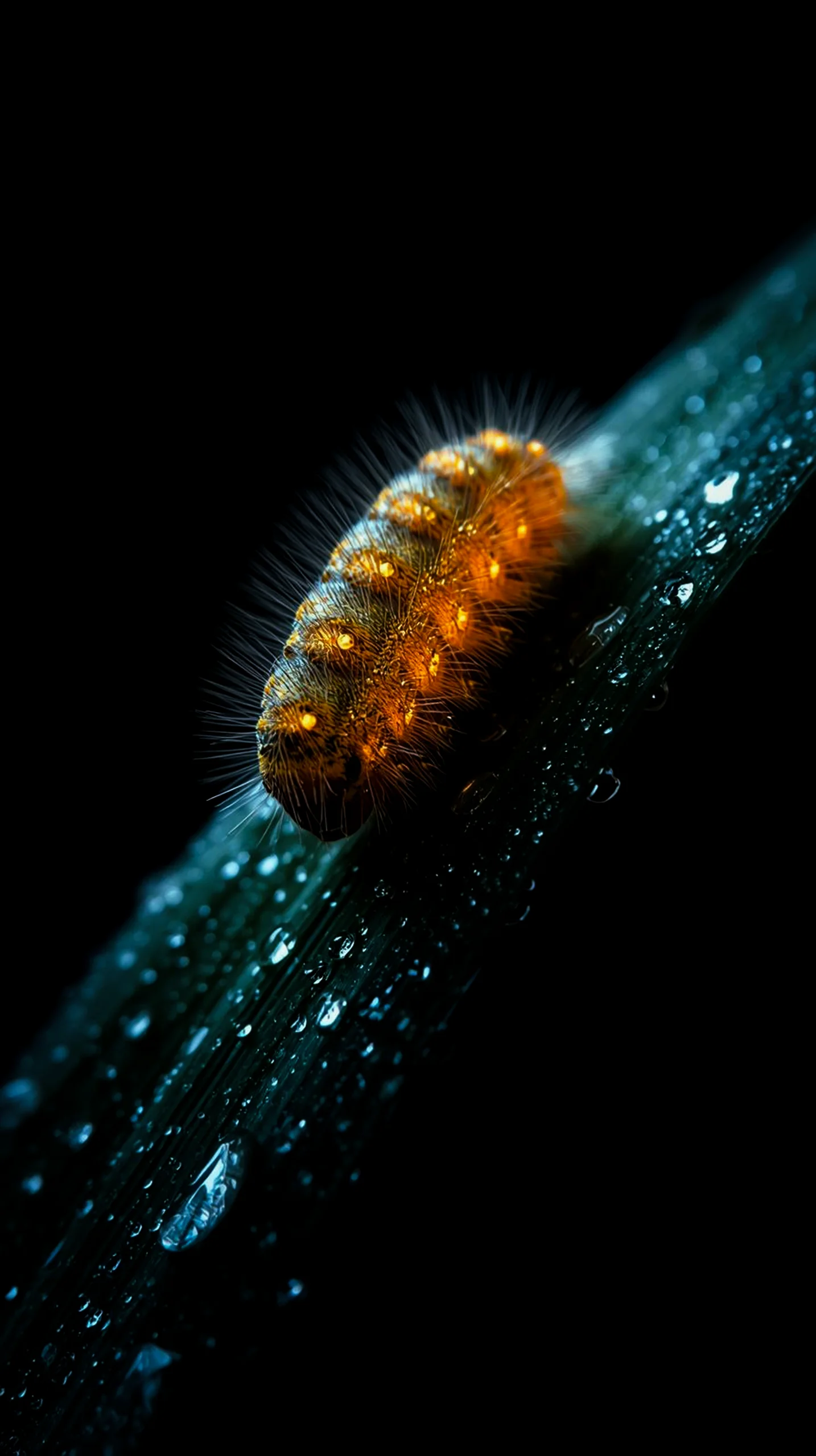 Glowing caterpillar on wet leaf. Perfect amoled wallpaper 4k for mobile, iphone wallpaper 4k, 4k backgrounds, cute 4k