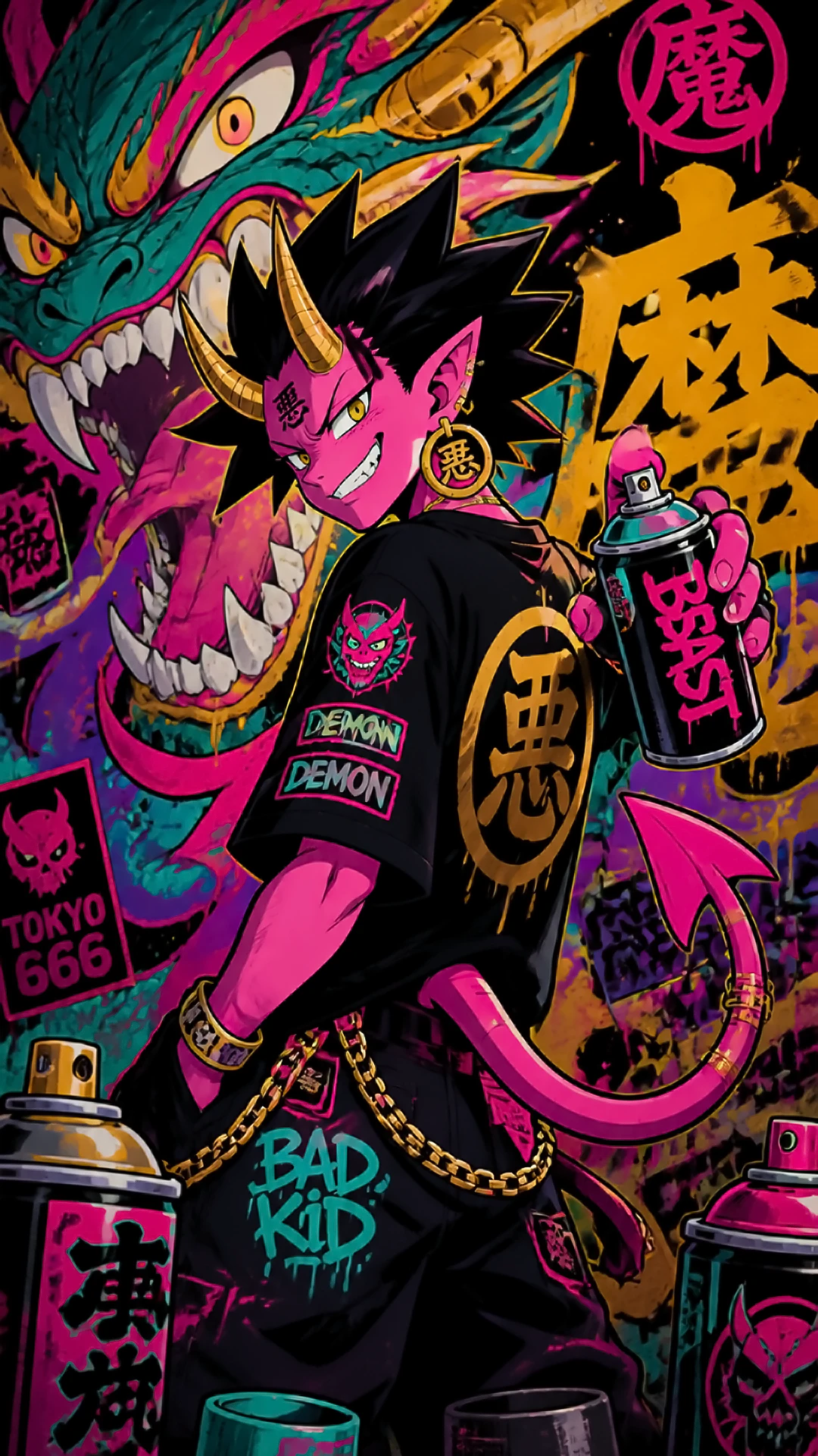Wallpaper anime keren — hot pink graffiti demon pink skinned anime demon boy holding a black spray paint can against graffiti and a green dragon