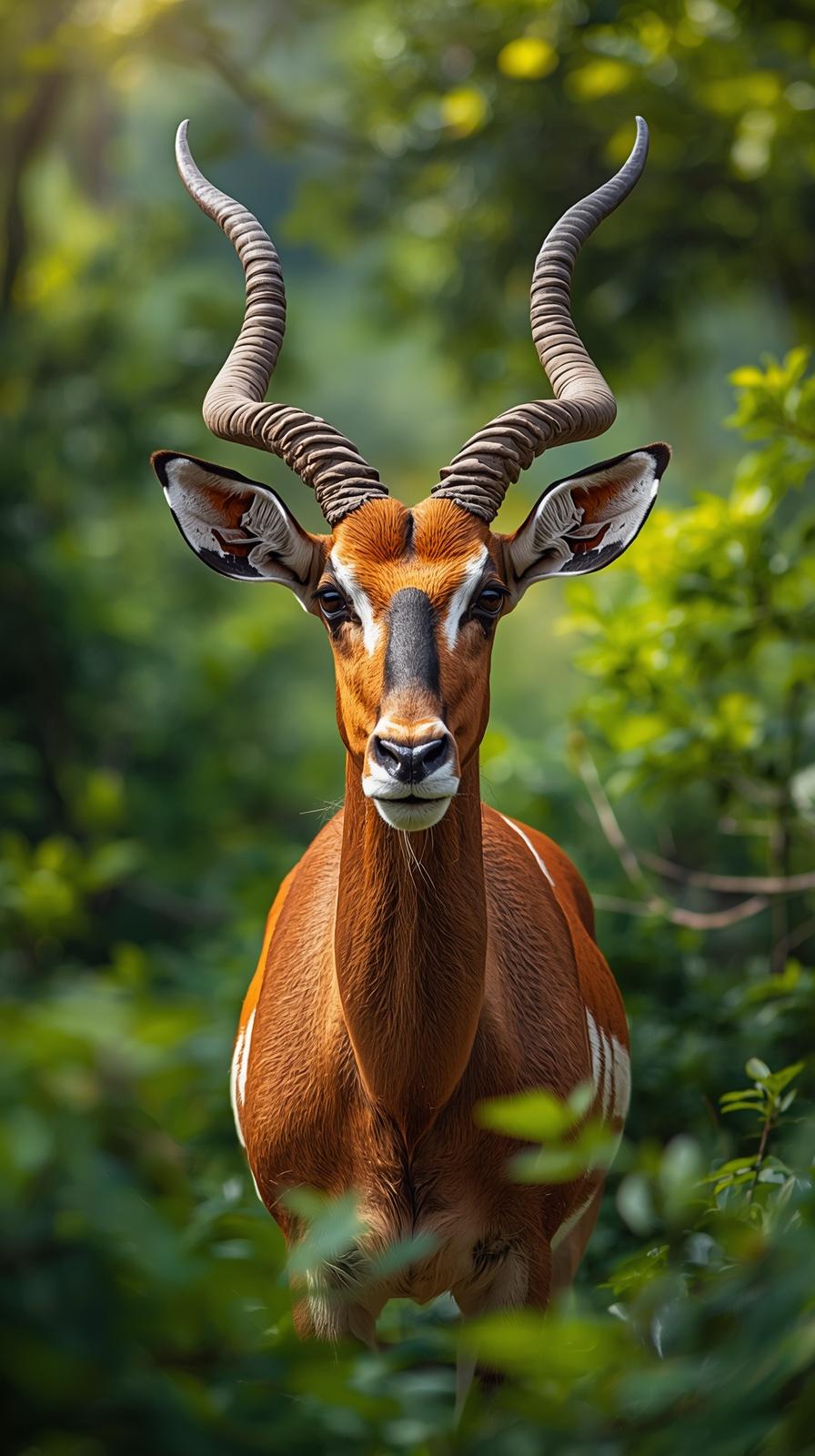 Majestic impala with spiraled horns in lush green forest.