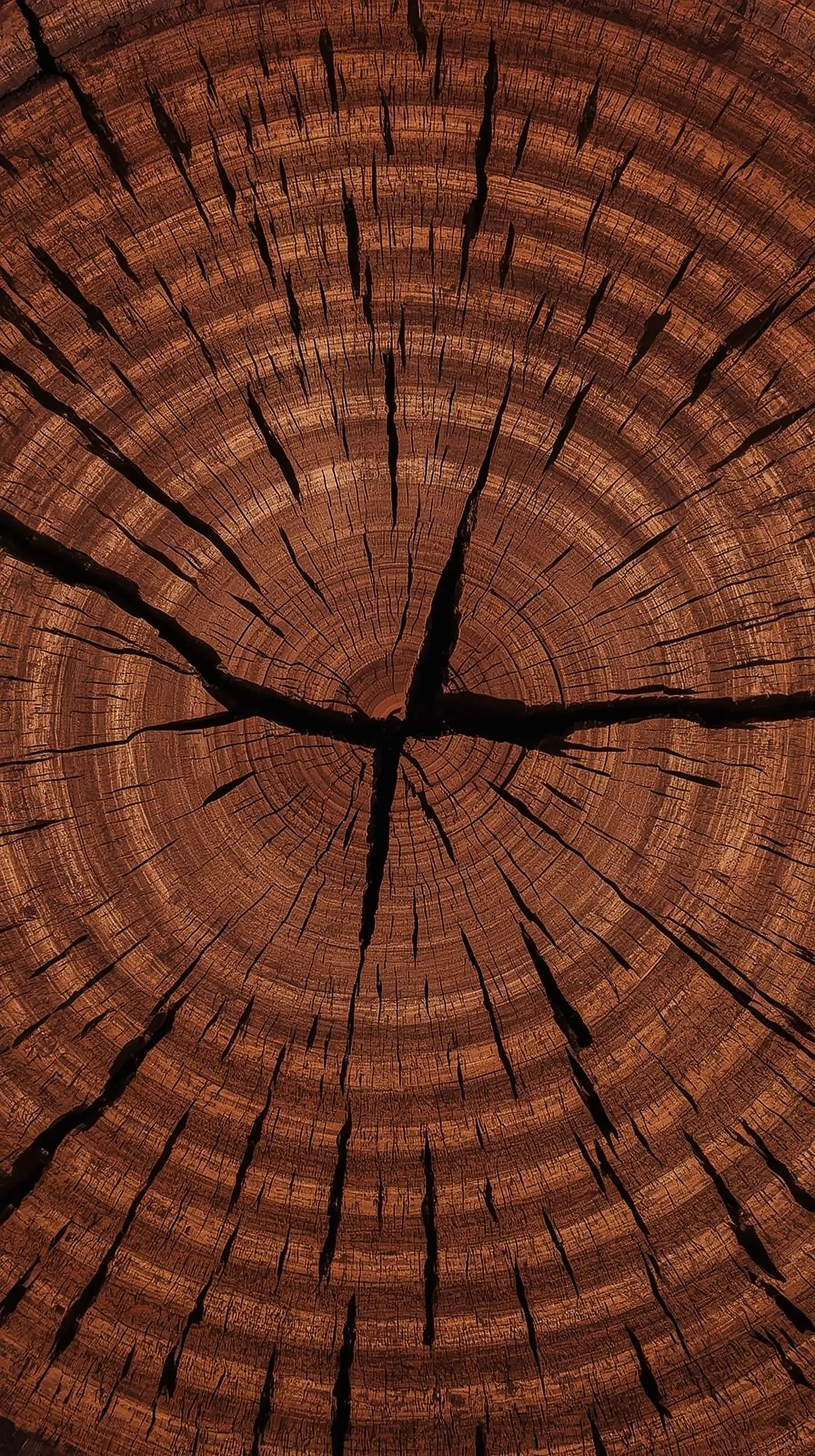 4k wallpaper for mobile Close-up Tree Ring Texture, Rich Brown Wood Grain Cross-Section with Deep Cracks and Natural Ann