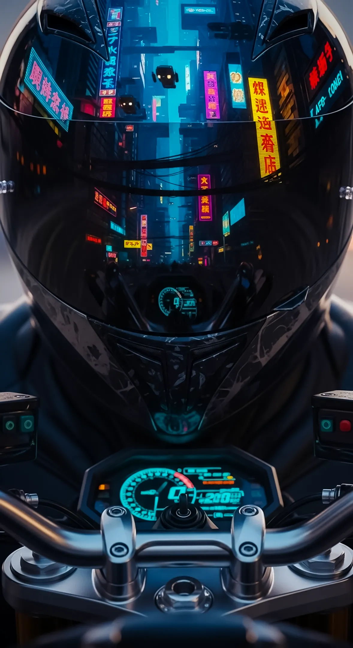 Cyberpunk motorcycle helmet reflecting neon city, ideal 4K wallpaper for iPhone and mobile, great phone background.