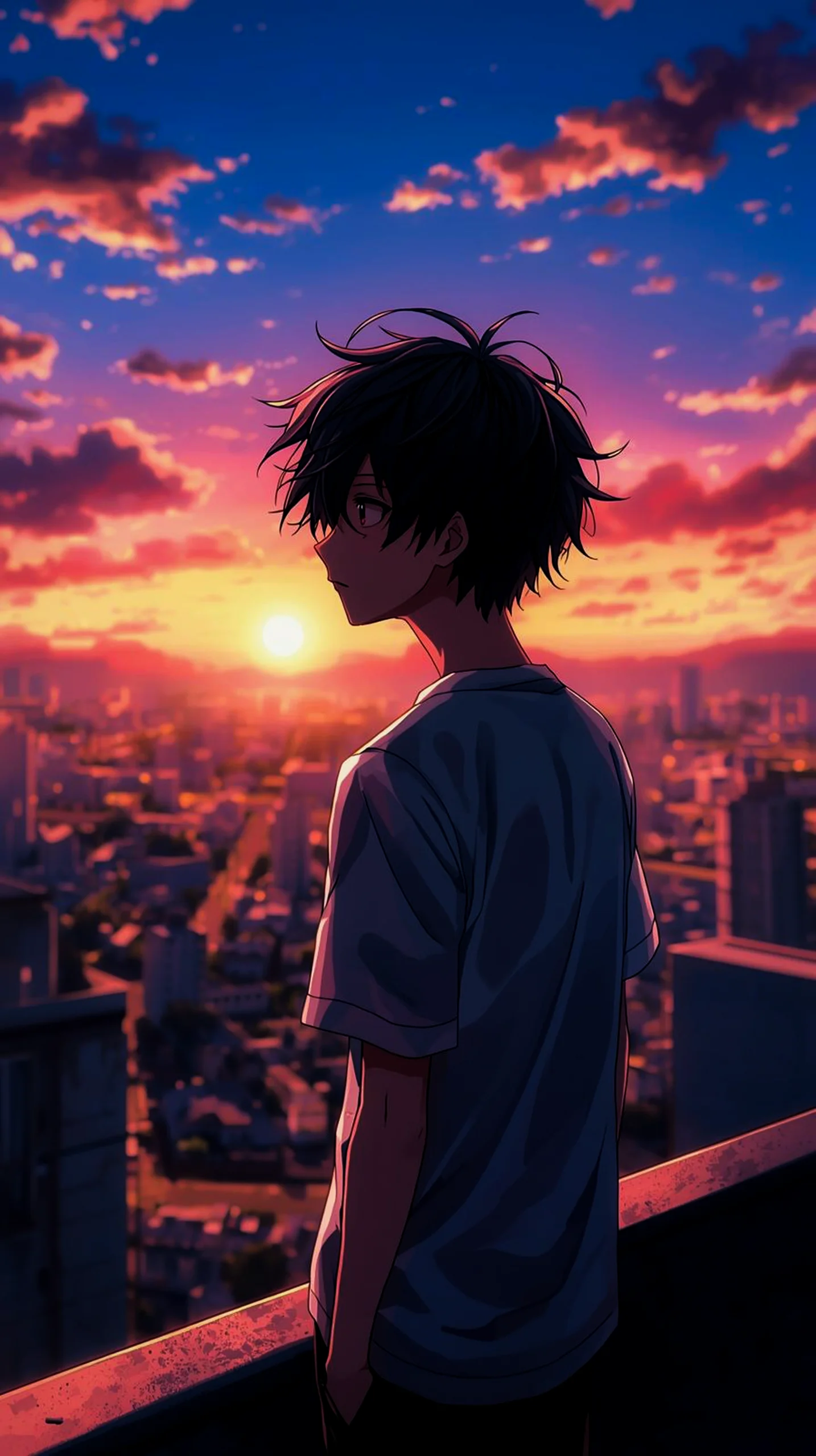 vibrant anime boy city sunset wallpaper for iPhone 4K
