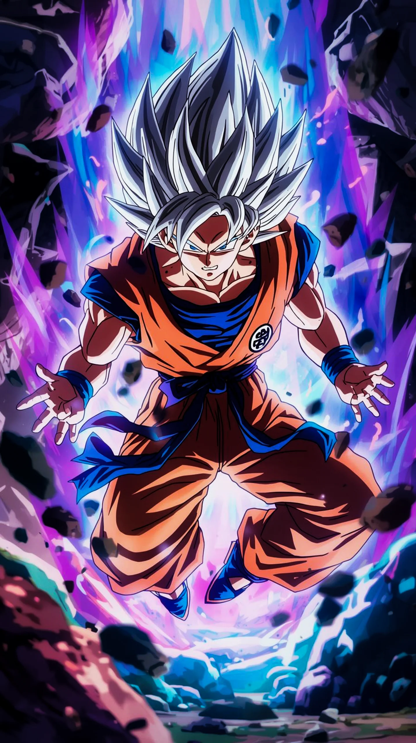 Goku in Ultra Instinct form as a mobile wallpaper, featuring vibrant purple and blue energy effects. Ideal for iPhone