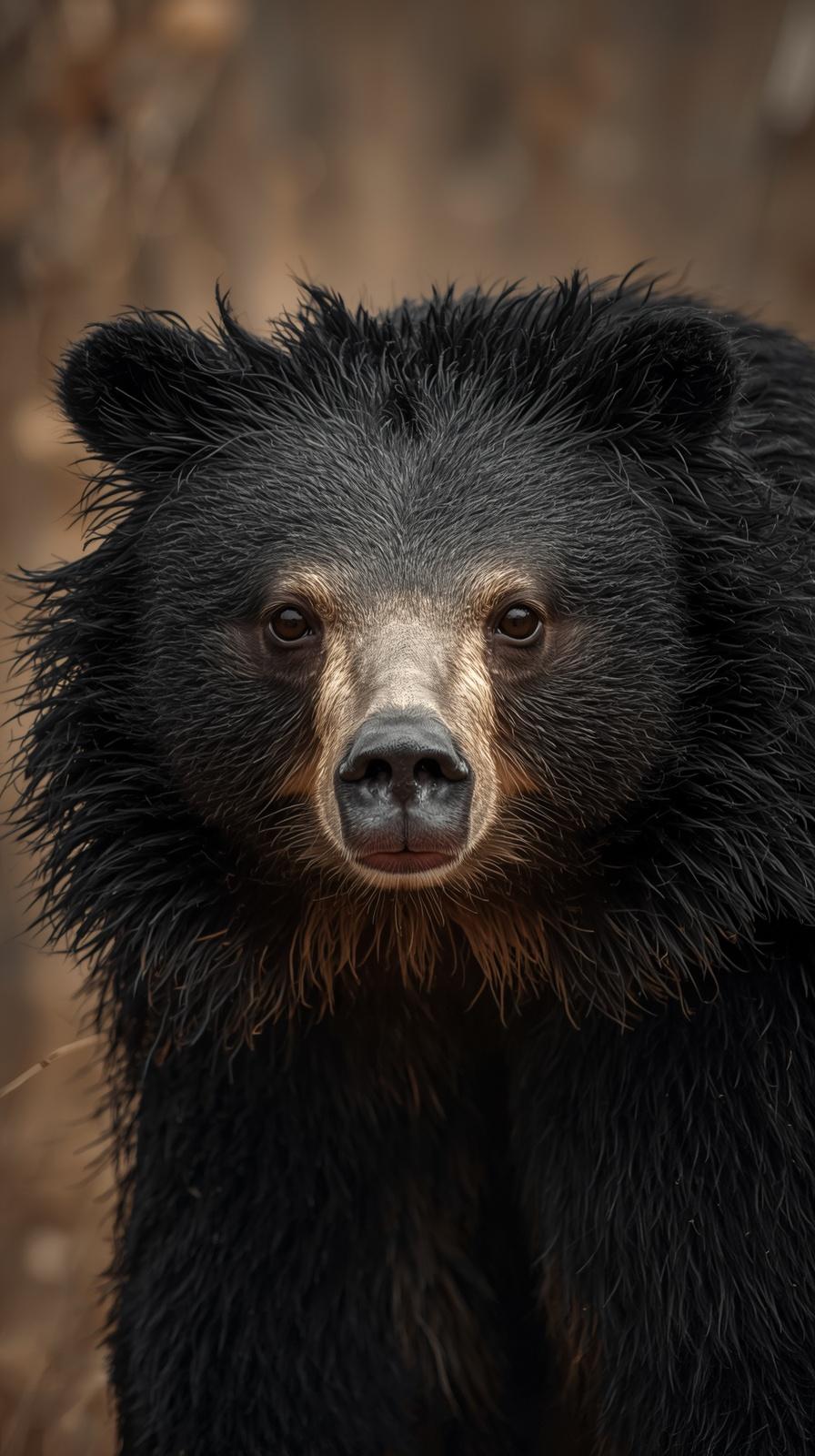 Close-up portrait of a black bear with intense eyes and shaggy fur.
