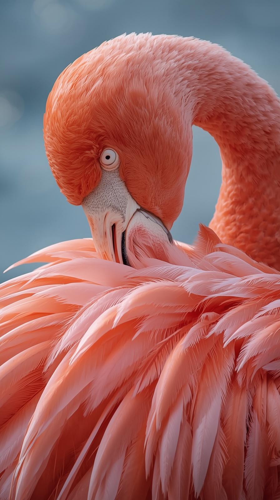 Close up of a vibrant pink flamingo grooming its soft feathers in bright sunlight