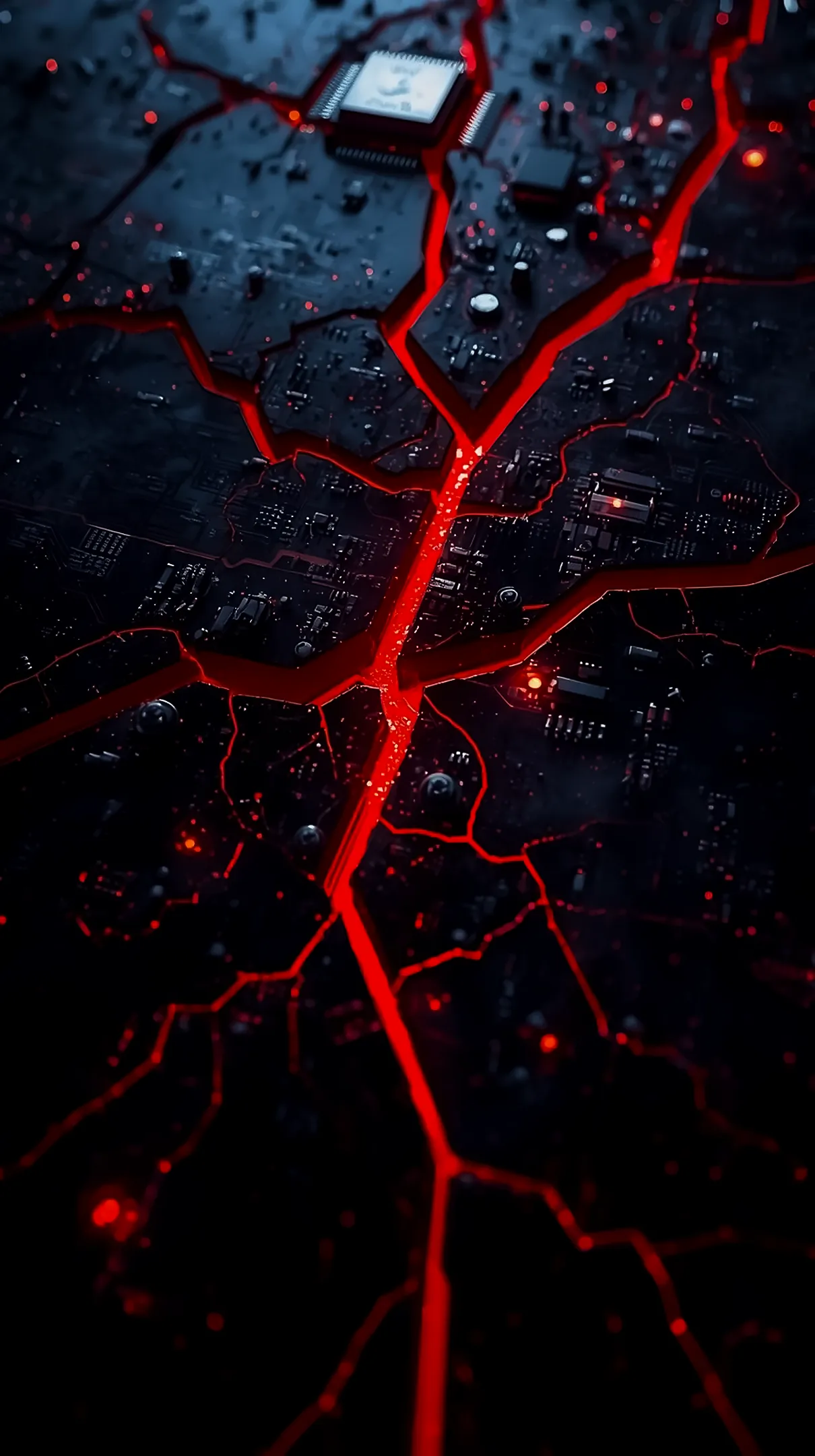Dark cracked circuit board with glowing red lines. Perfect amoled wallpaper 4k for mobile, iphone wallpaper 4k, 4k