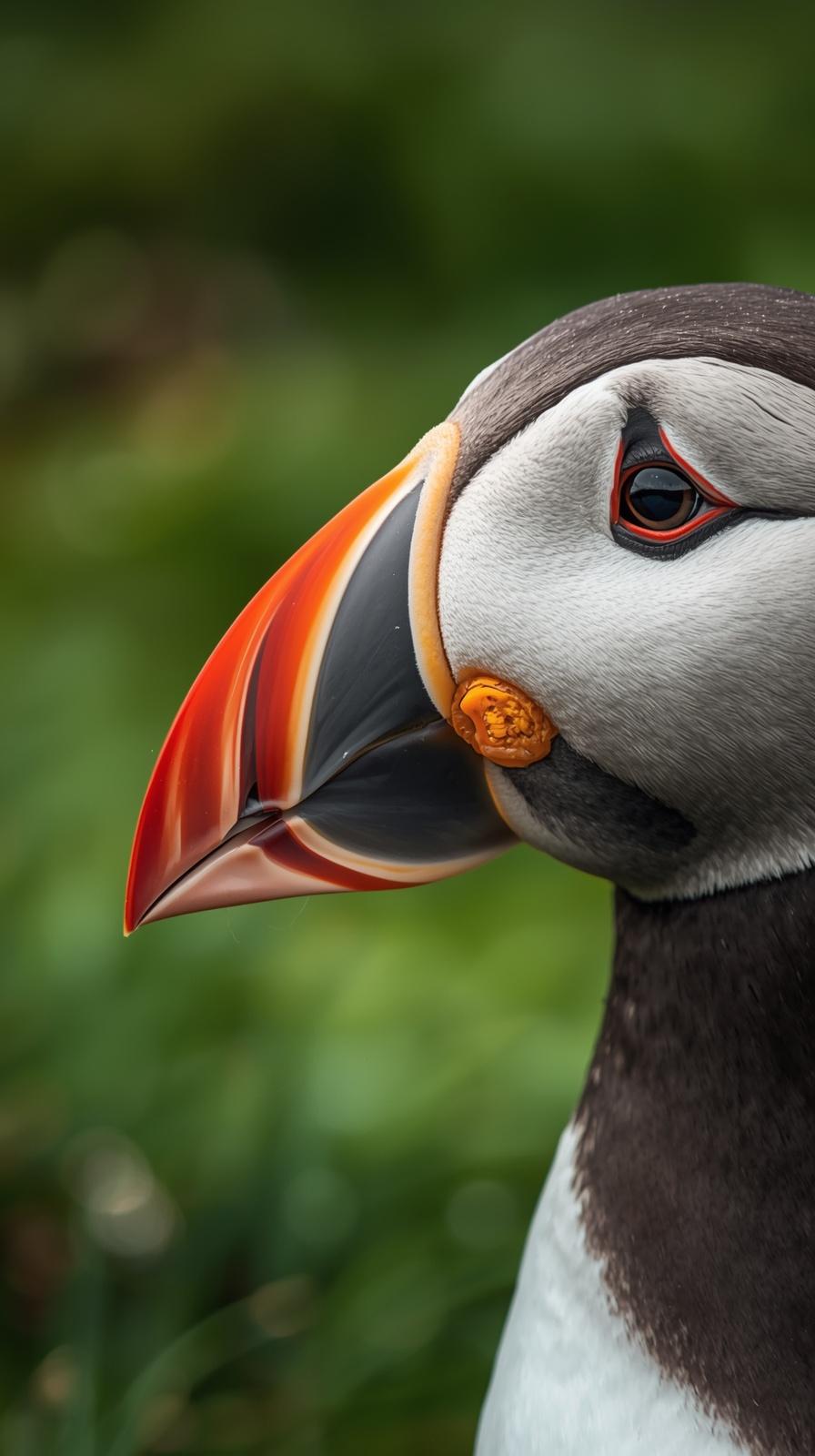 Extreme close-up of a colorful Atlantic Puffin with a vibrant orange beak.
