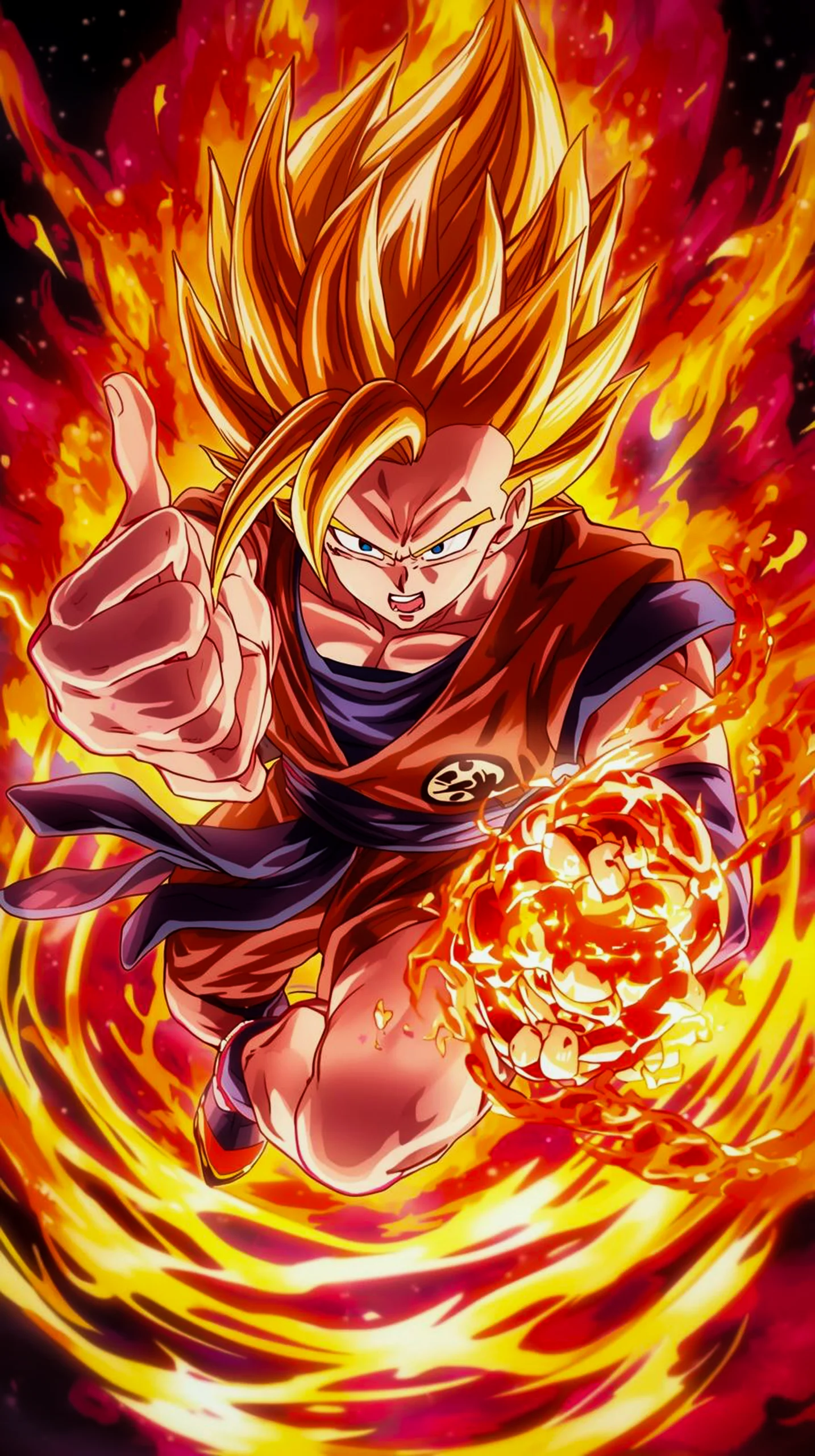 Goku in Super Saiyan form with a fiery aura, a perfect mobile wallpaper for iPhone and Android users.