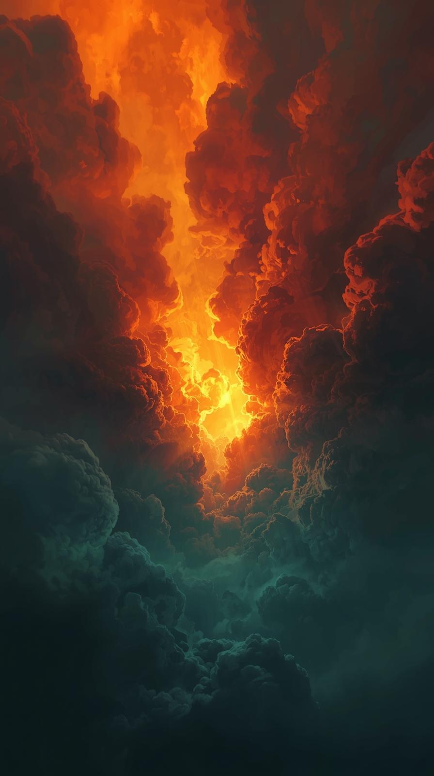4k wallpaper for iphone - Apocalyptic fiery orange-red sky filled with turbulent smoke clouds and dramatic volumetric god rays piercing through a dark teal gradient