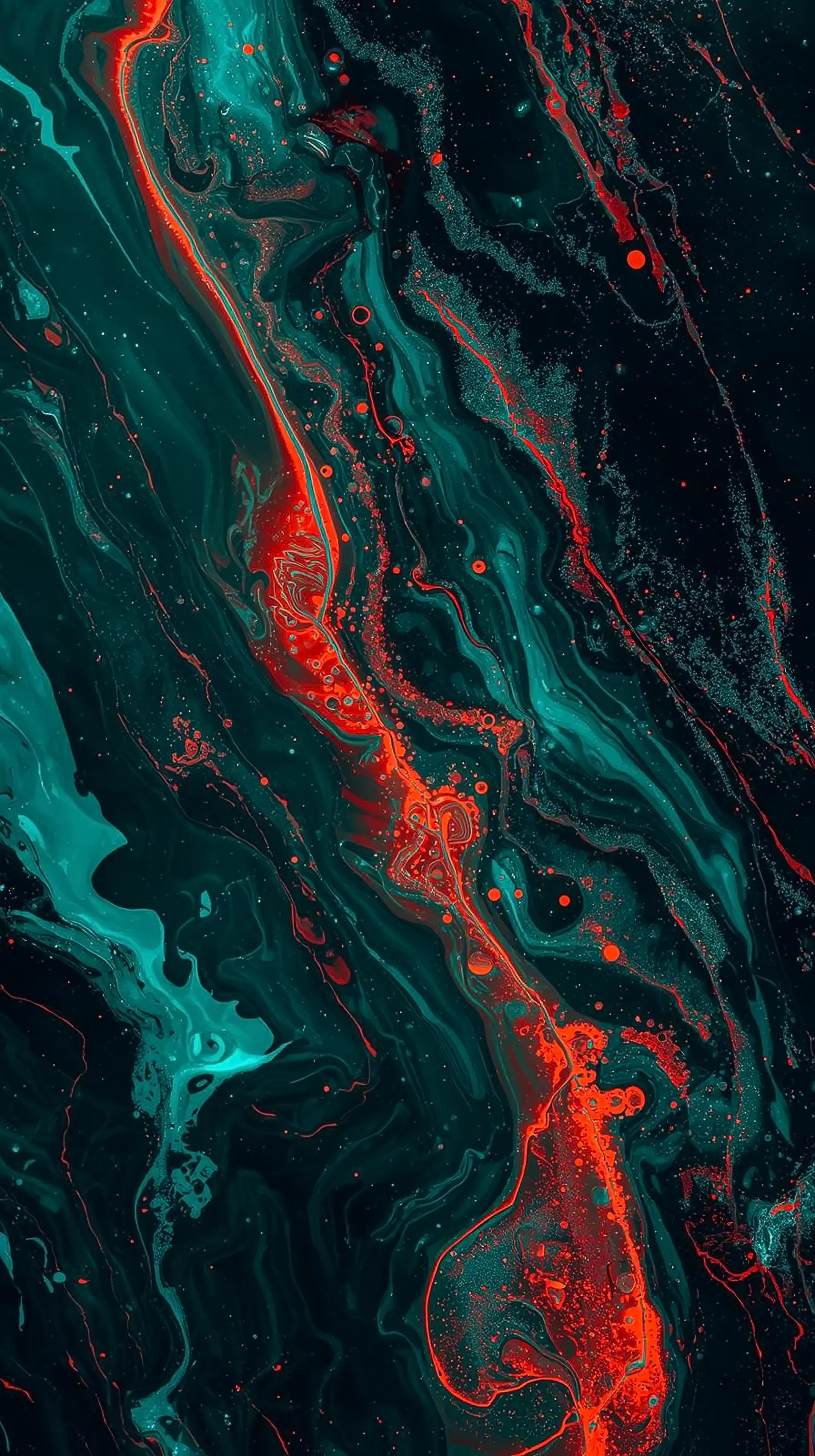 4k wallpaper for mobile Vibrant Teal Red Fluid Marble Flow, Psychedelic Iridescent Ink Swirls with Neon Glow and Fiery Accents on Black