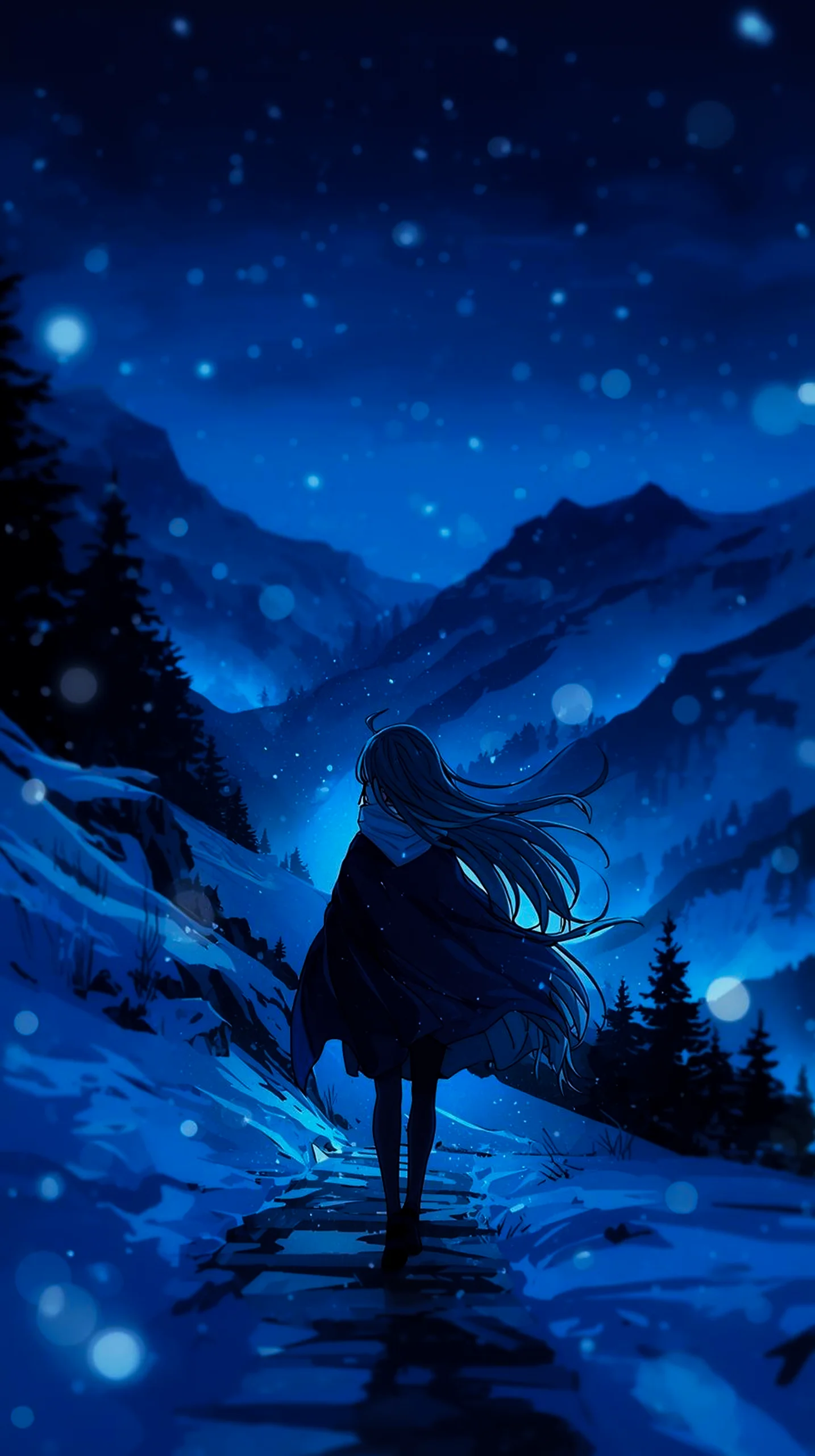 anime girl in snowy night mountain wallpaper for iPhone 4K