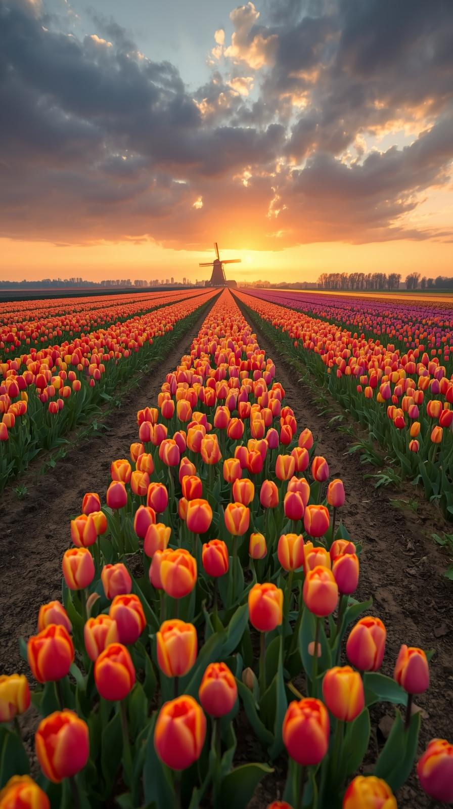Vast tulip field in Netherlands during golden hour