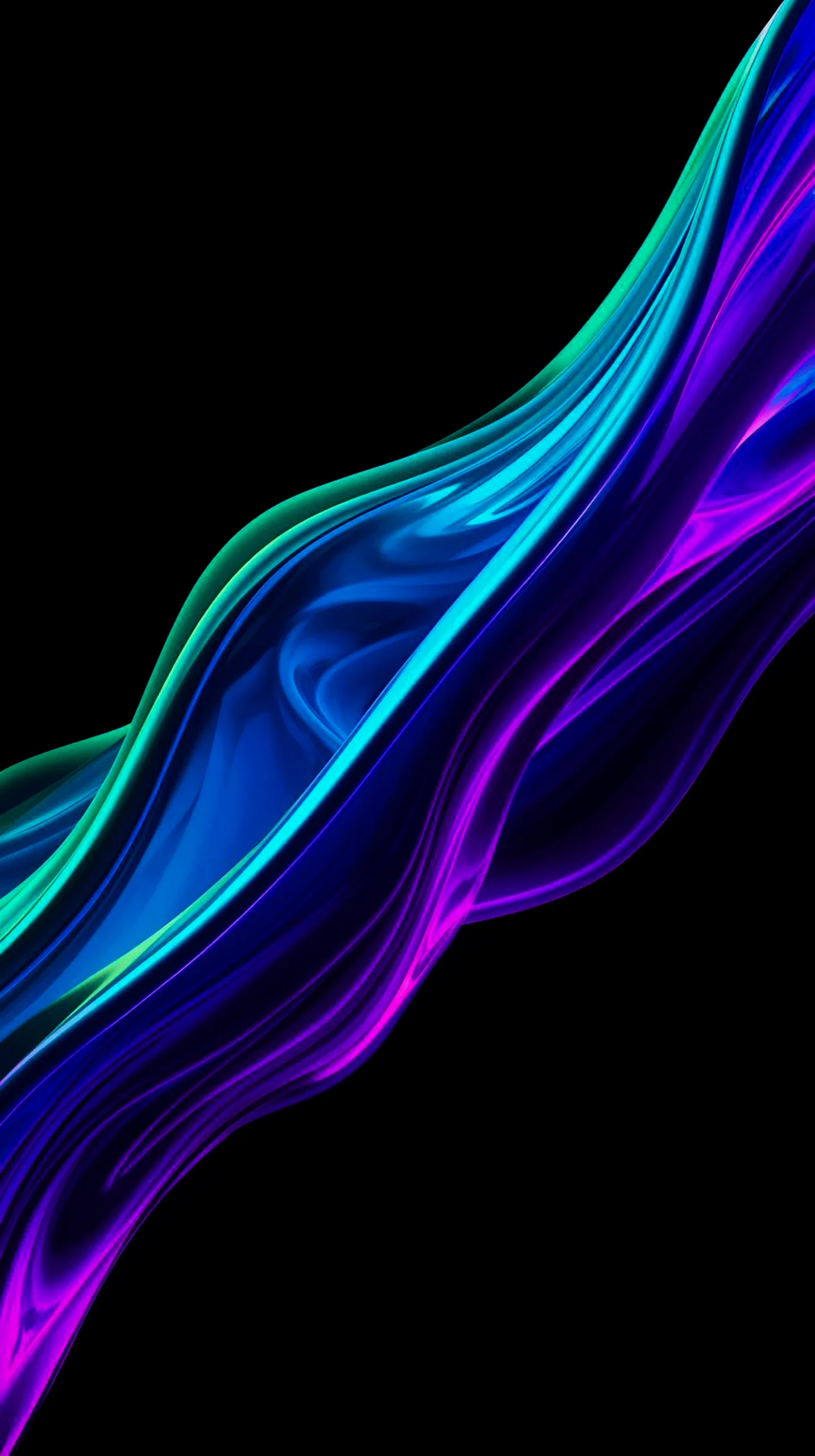 A dark AMOLED mobile wallpaper featuring flowing silk-like waves of neon blue, teal, and purple on a black background.