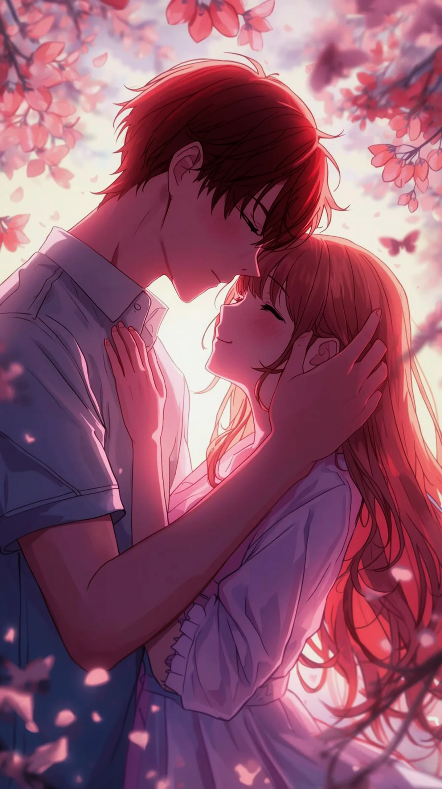 romantic anime couple cherry blossoms wallpaper for iPhone 4K