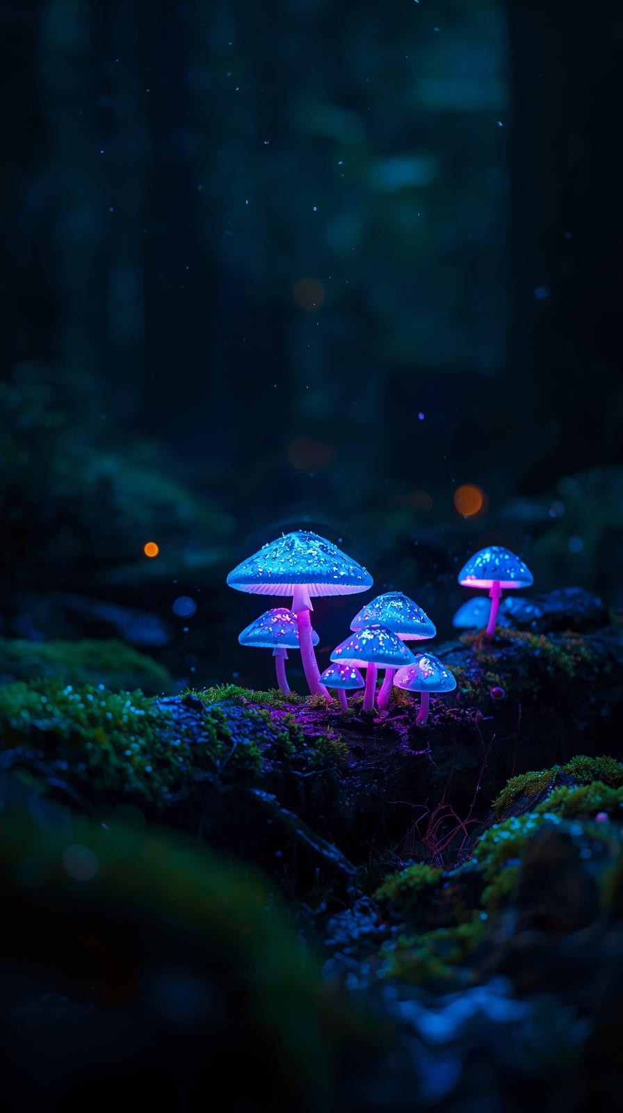 Bioluminescent mushroom forest at midnight after rain Bioluminescent mushroom forest at midnight after rain