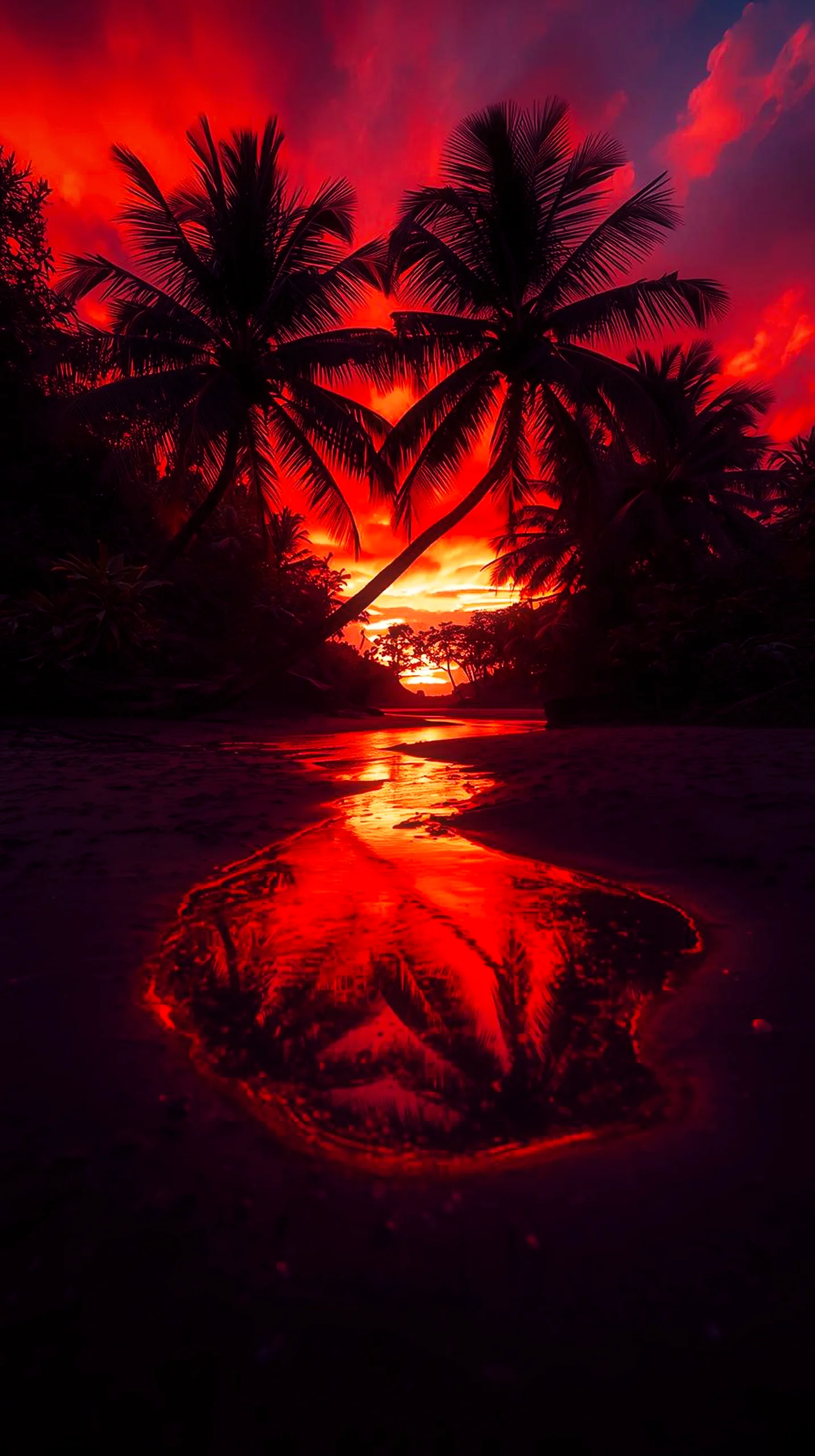 Fiery red sunset over a tropical beach with palm trees, reflected in the water. 4K iPhone wallpaper, 4K wallpaper for