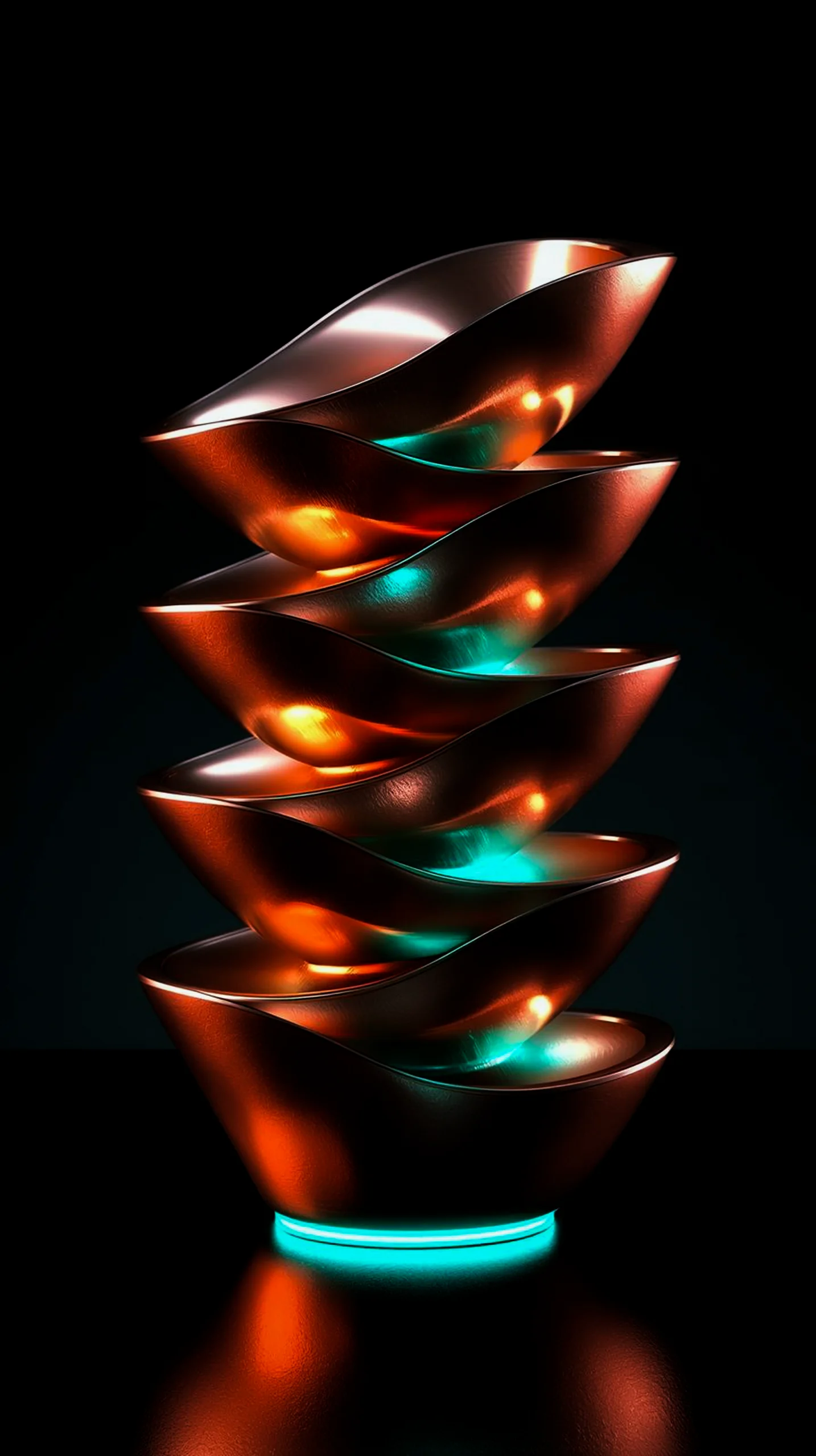 Dark AMOLED 4K Mobile Wallpaper: Copper Bowls with Neon Glow