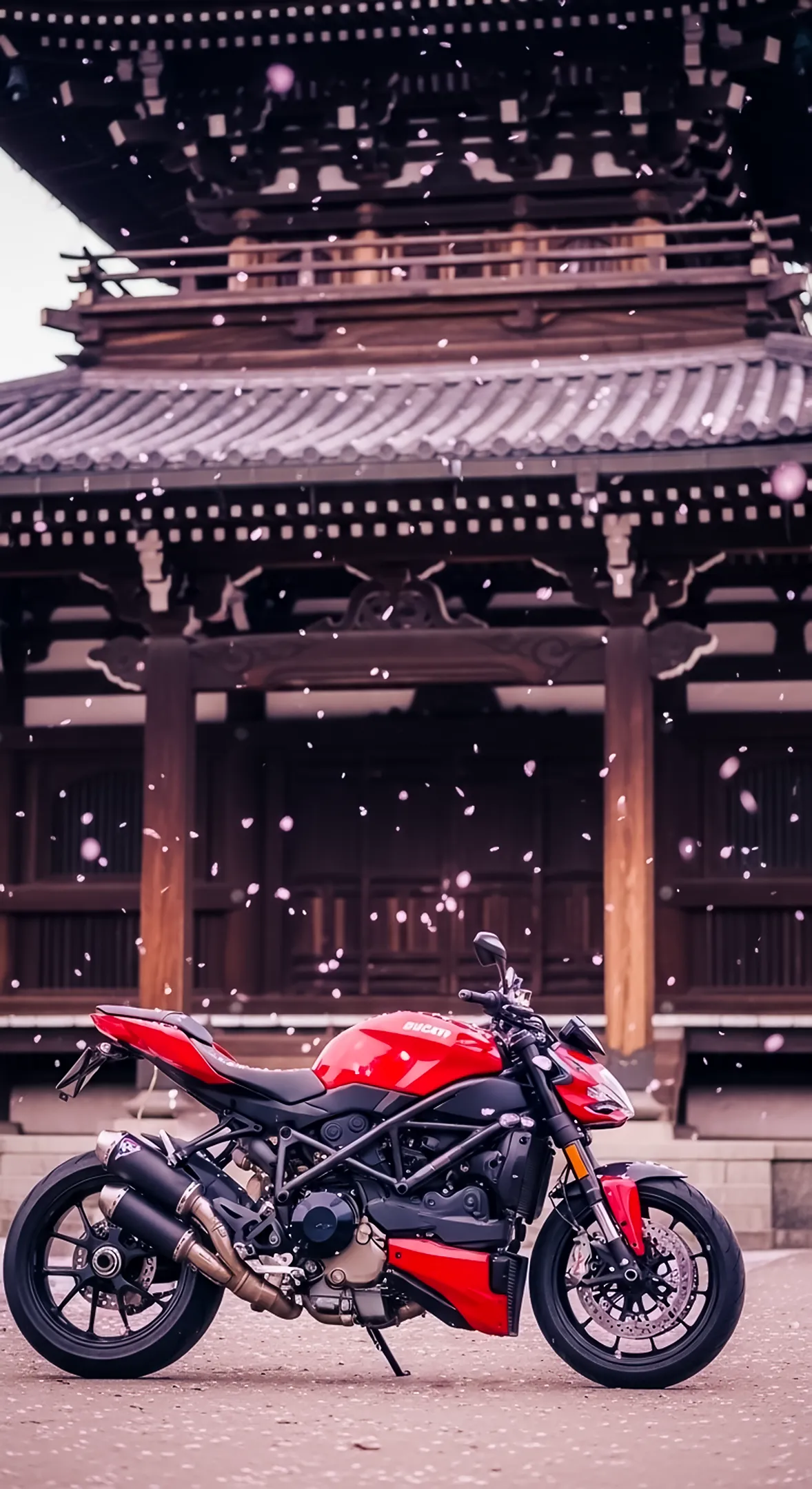 Red Ducati motorcycle, Japanese temple, cherry blossoms. A beautiful 4K iPhone wallpaper for mobile phone, cute 4K