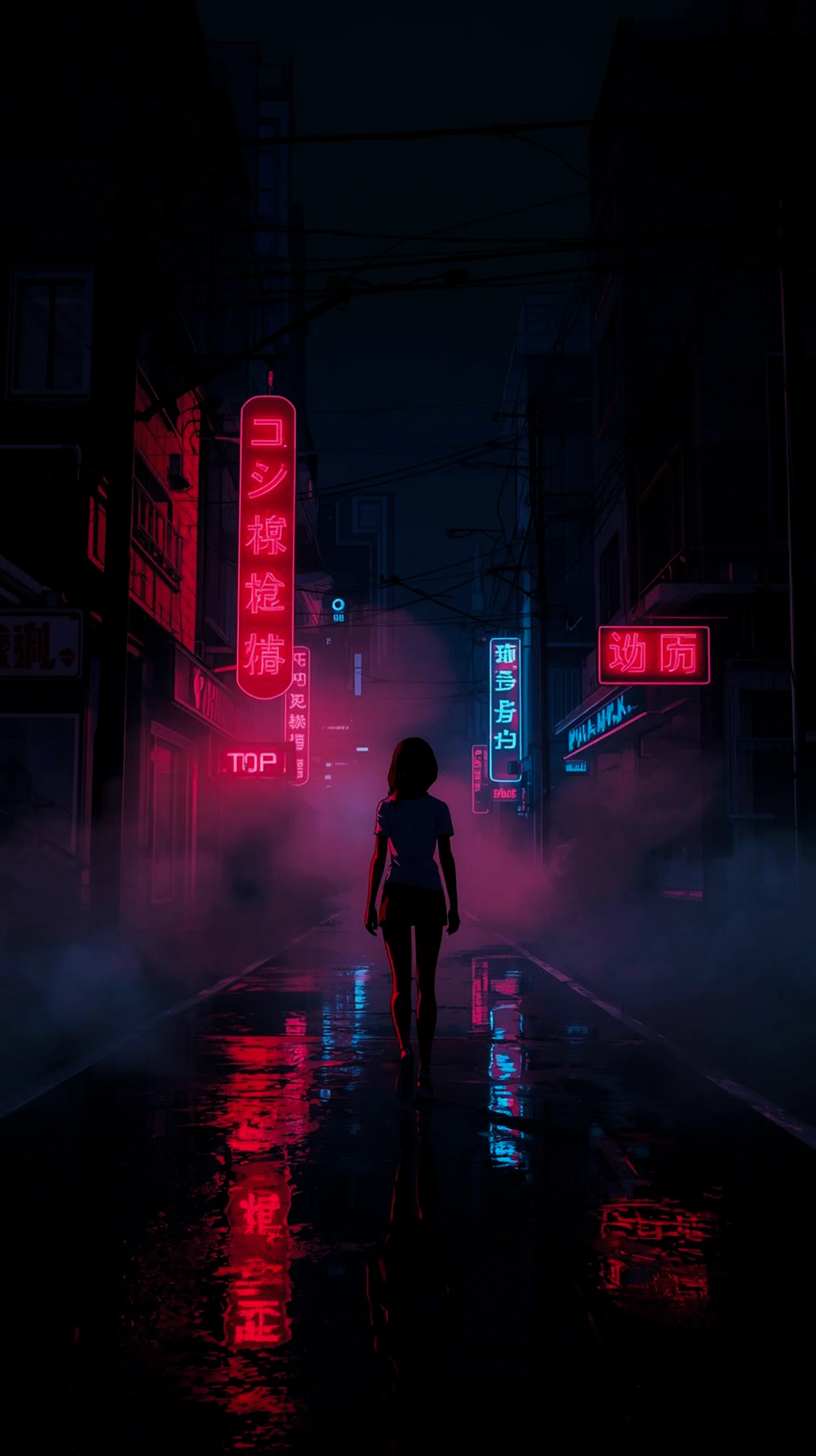 dark cyberpunk neon city street wallpaper for phone 4K HD