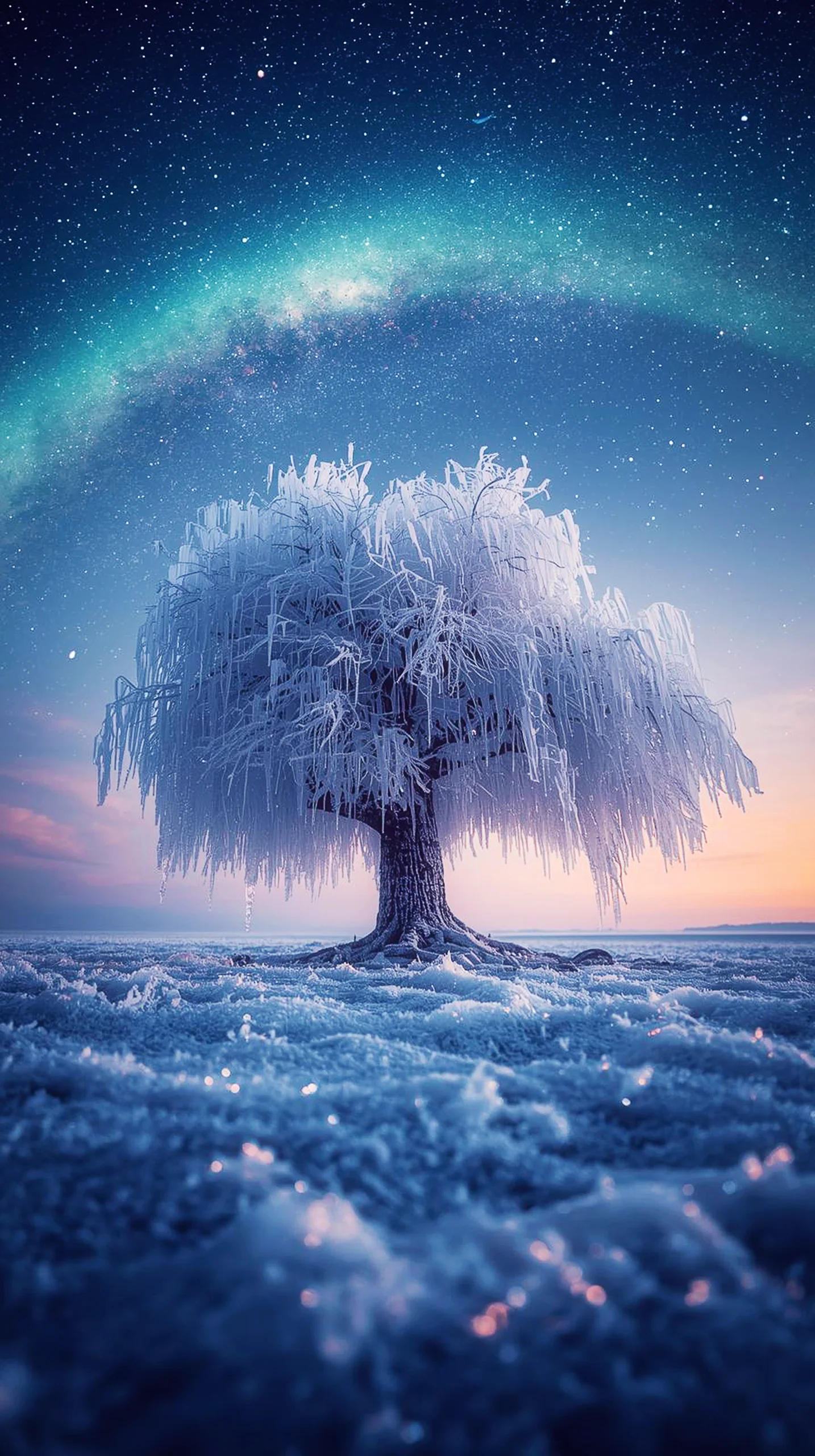 Enchanting 4K winter tree under a starry sky, perfect as an iPhone wallpaper, mobile background, cute 4K wallpaper for