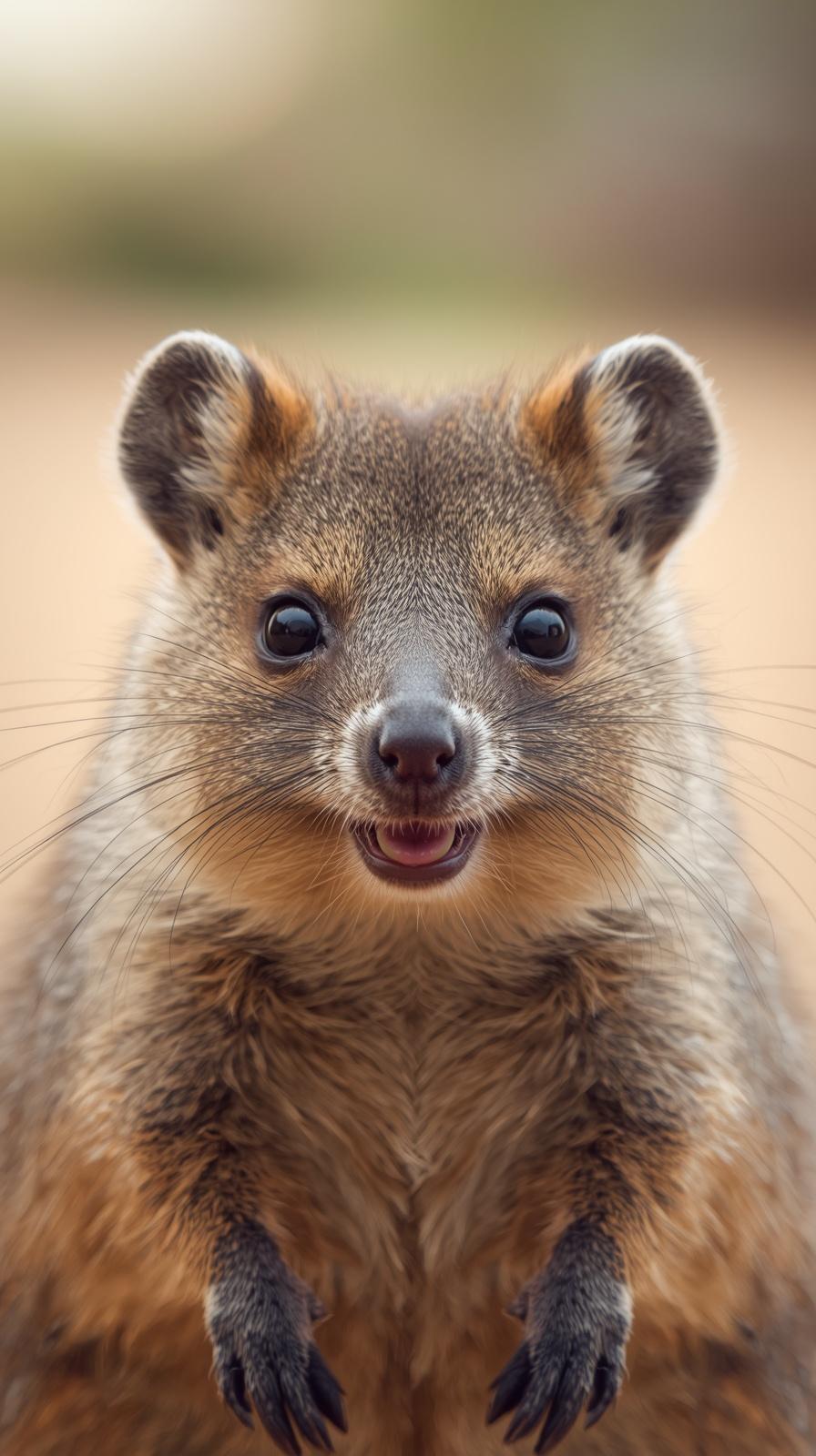 Close-up of a smiling quokka with brown fur and happy expression.