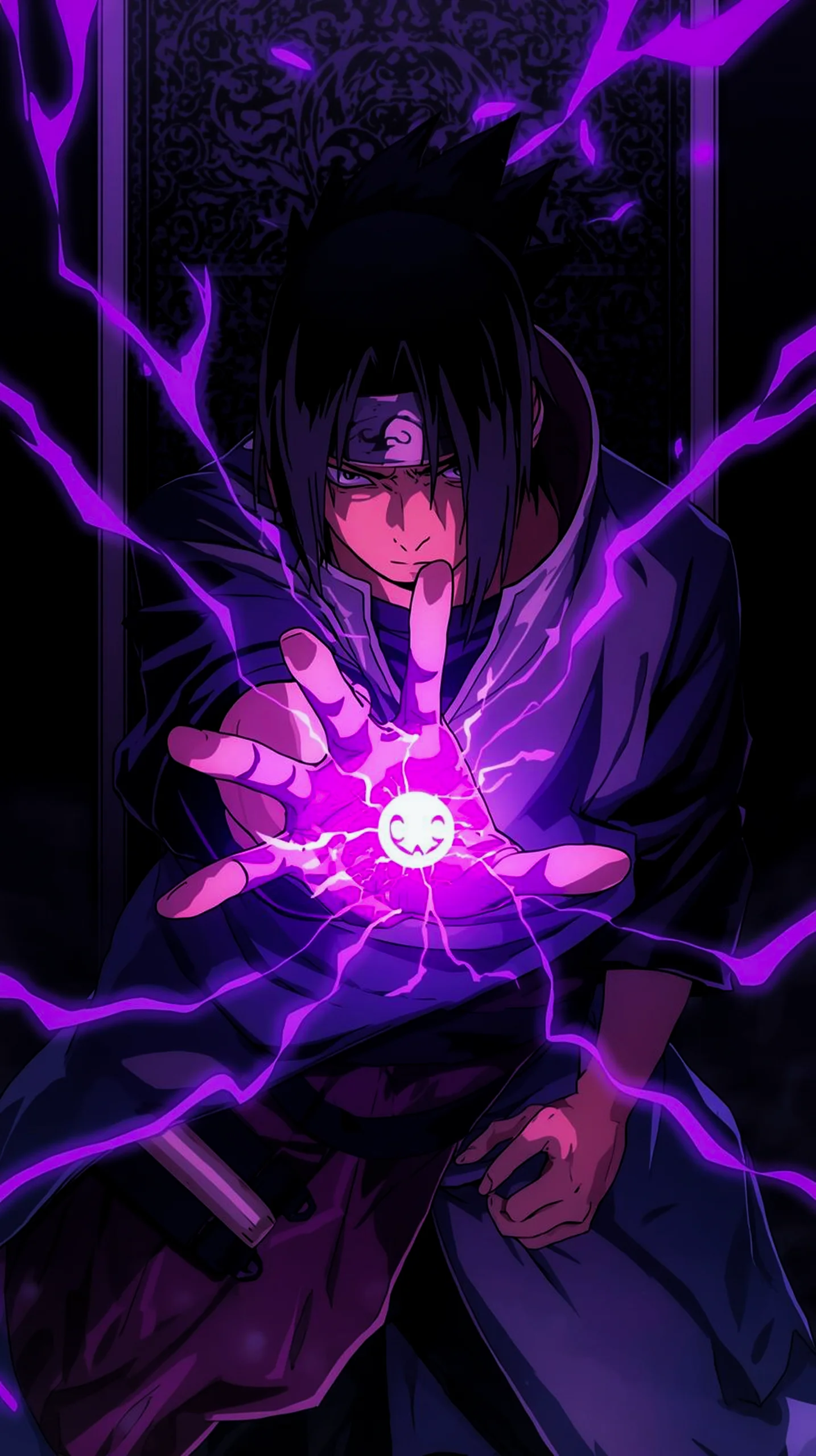dark ninja with purple lightning wallpaper for mobile 4K