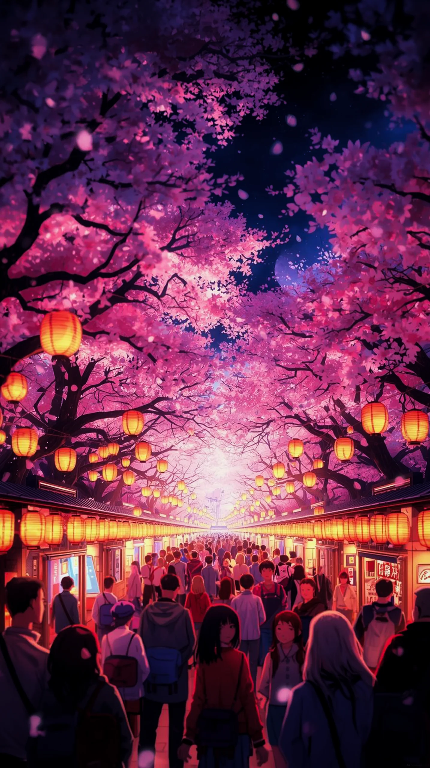 Anime phone wallpaper with cherry blossoms and lanterns, perfect for iPhone and Android.