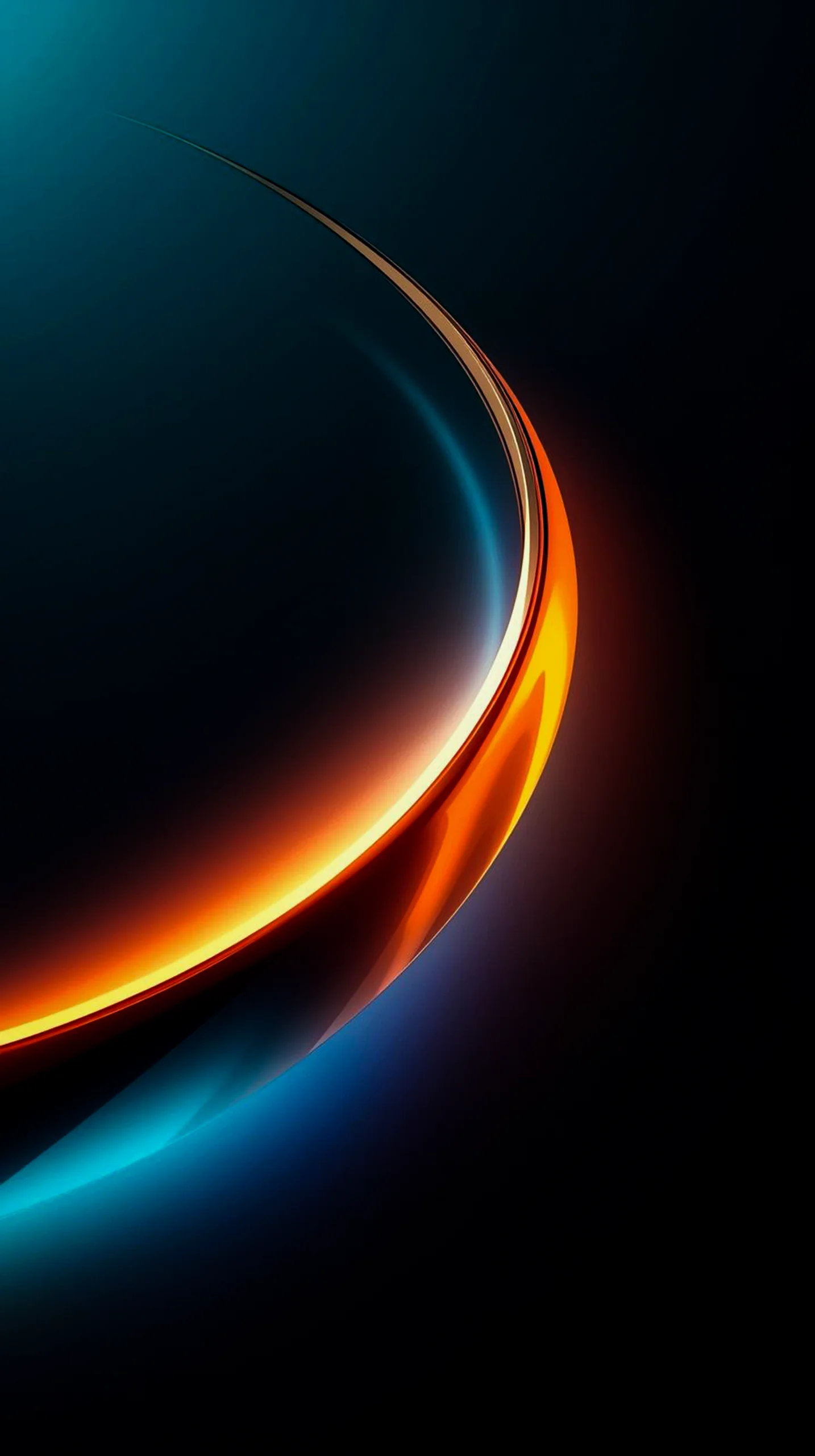 Dark AMOLED mobile wallpaper featuring a glowing orange and blue abstract curve on a black background.