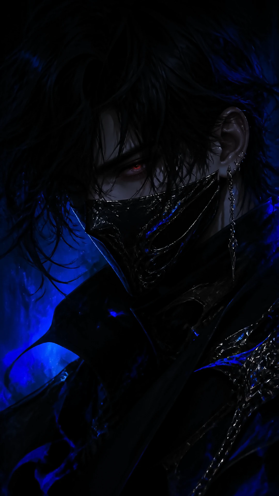 Anime background phone — mysterious masked warrior anime character with glowing red eyes wearing a black mask illuminated by blue neon light