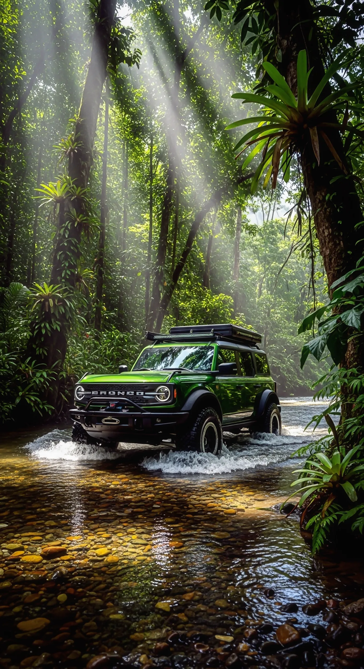 Green Ford Bronco driving through a forest river, sunbeams piercing the canopy. Car iPhone wallpaper, car wallpaper 4K