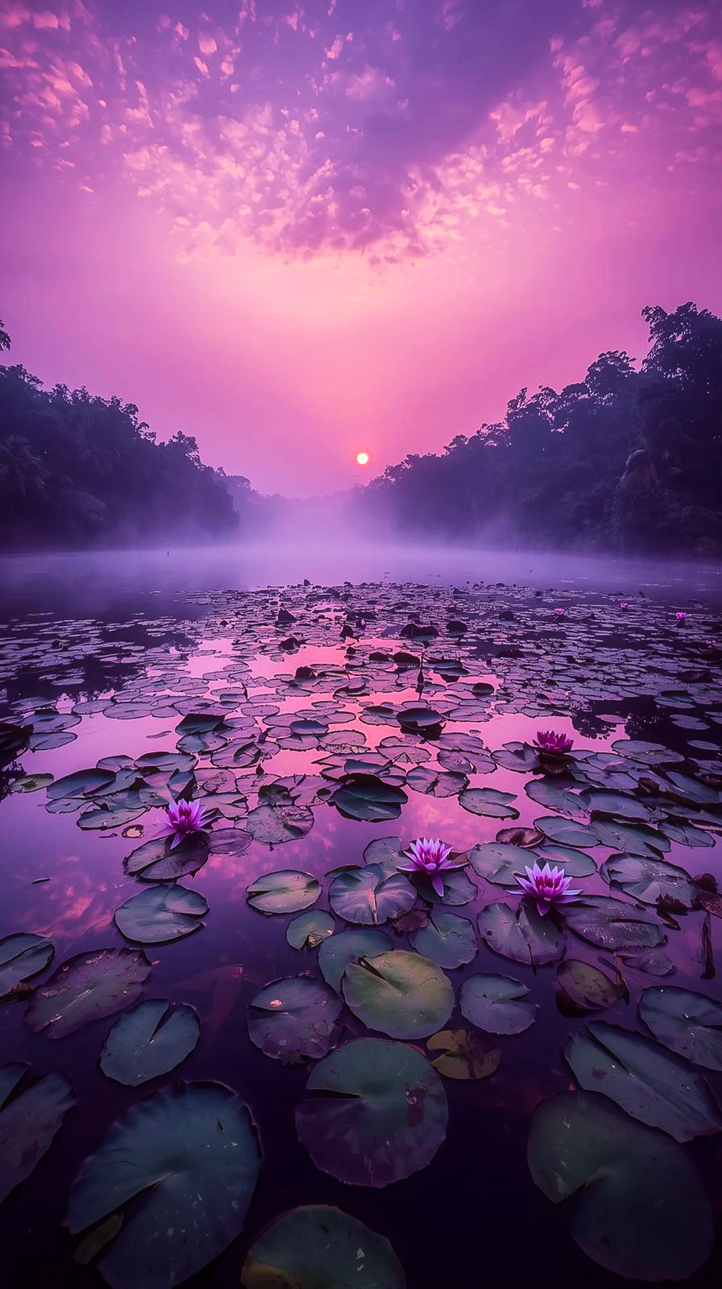 Purple water lilies at sunrise, a mystic iphone wallpaper 4k, 4k wallpaper for mobile, cute 4k wallpaper for iphone, 4k