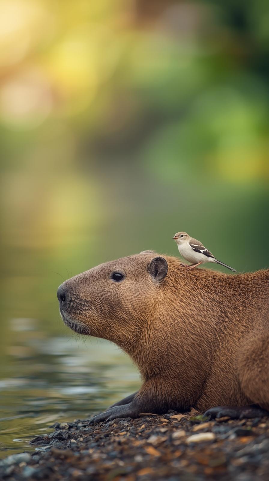 Peaceful capybara with small bird on back by water.
