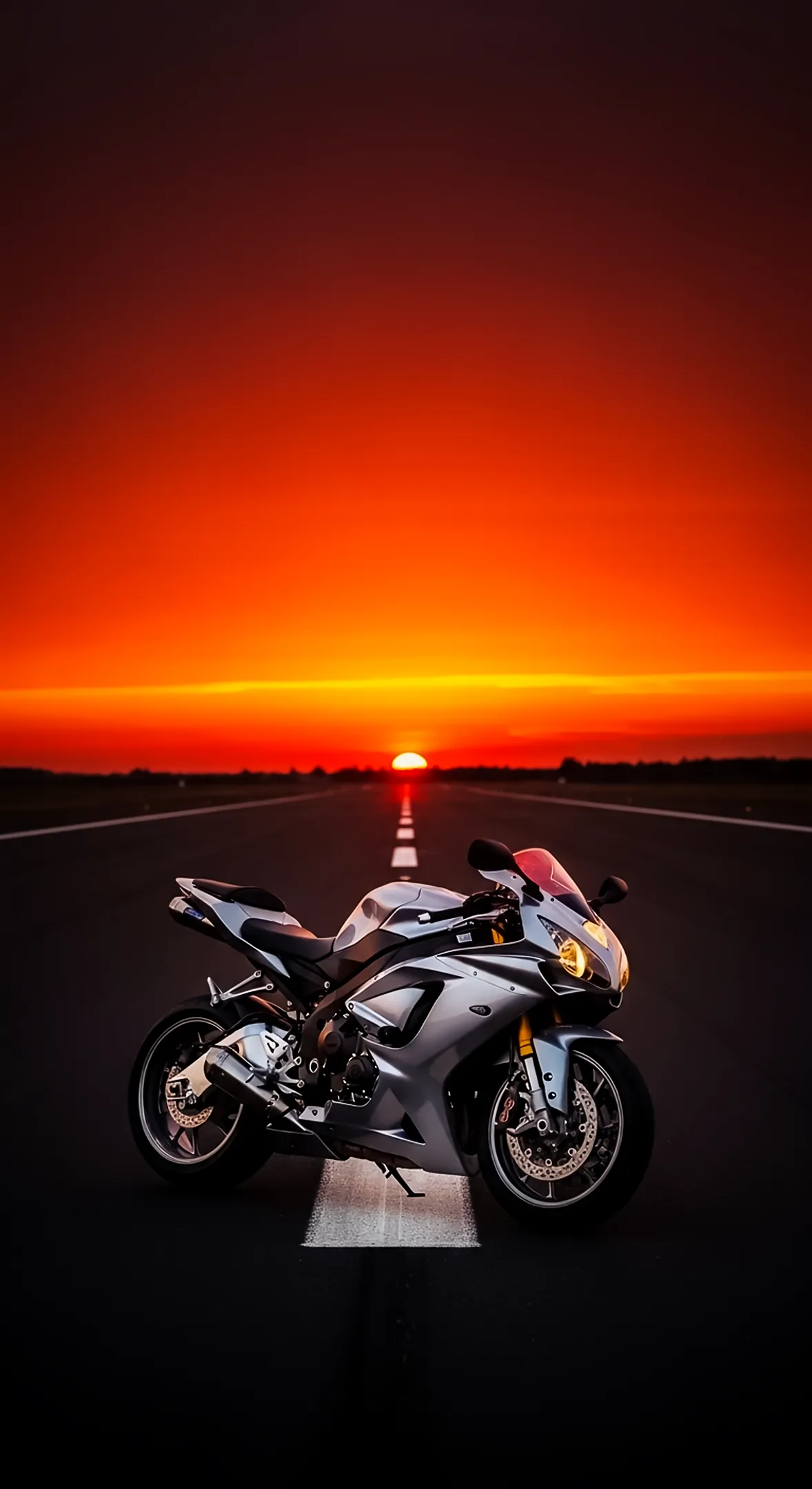 Silver motorcycle on a road at sunset, 4K wallpaper for mobile, iPhone wallpaper 4K, cute wallpaper for phone.