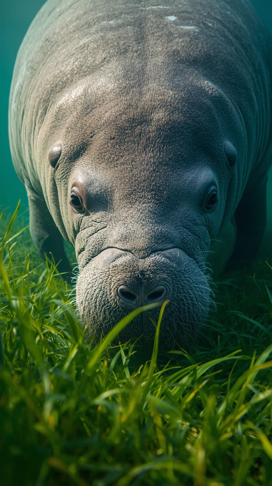 A close-up of a gentle manatee grazing on underwater grass in serene green water.