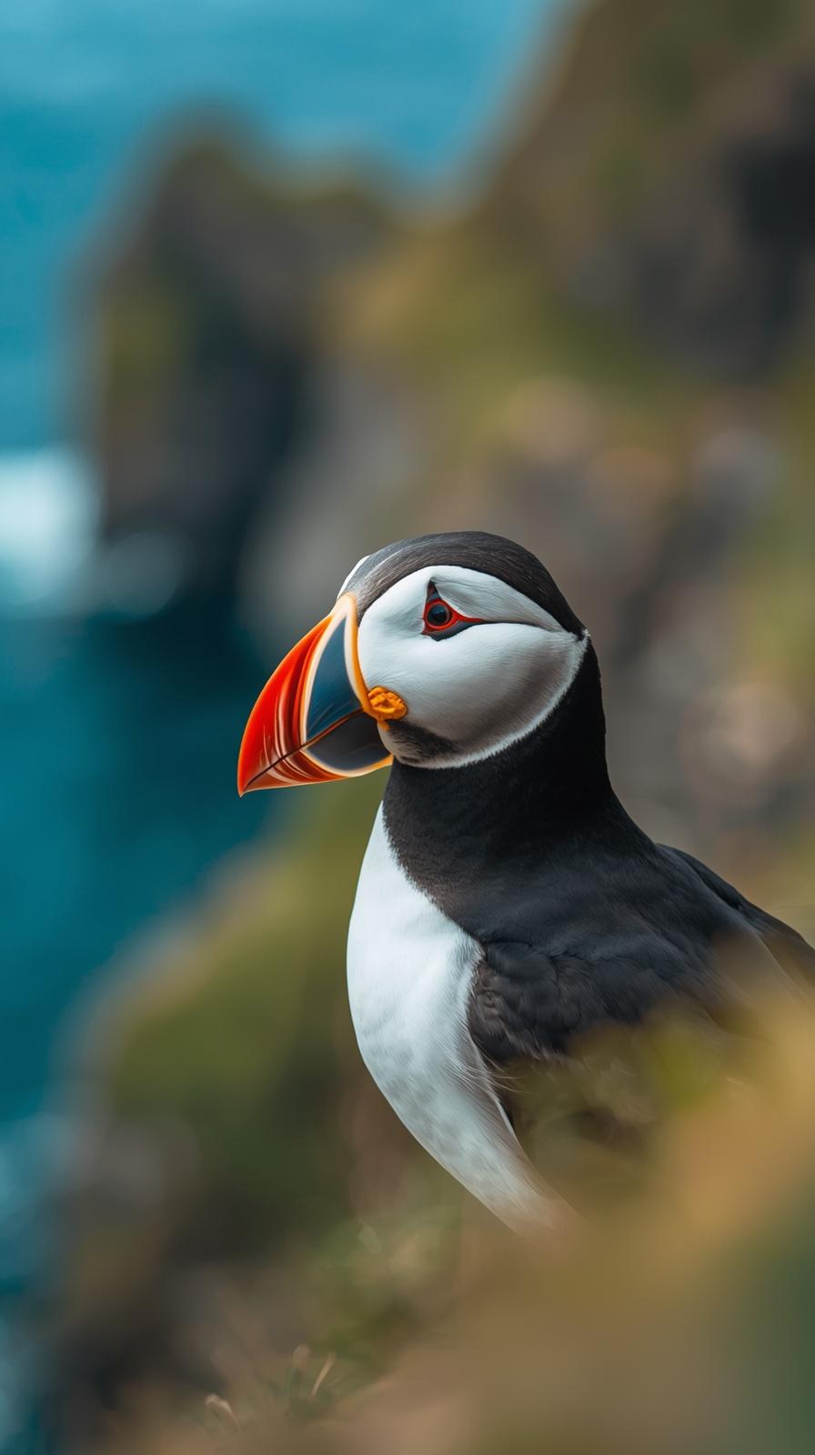 A close-up portrait of a colorful Atlantic puffin against a blurred coastal background.