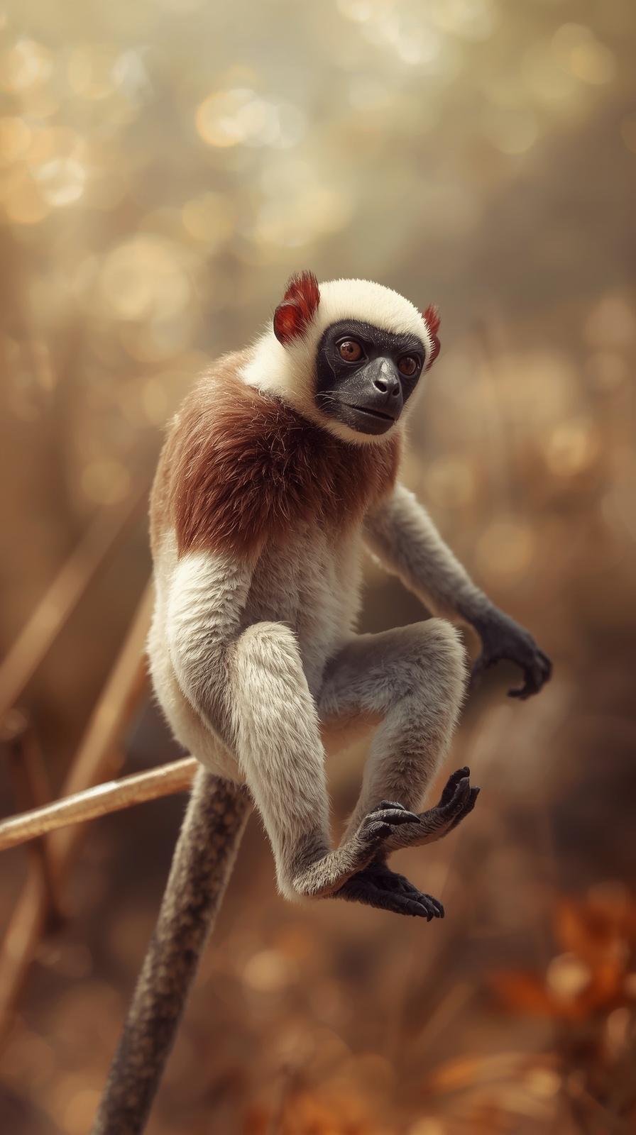 Lemur sitting on a branch with a soft, golden bokeh background.