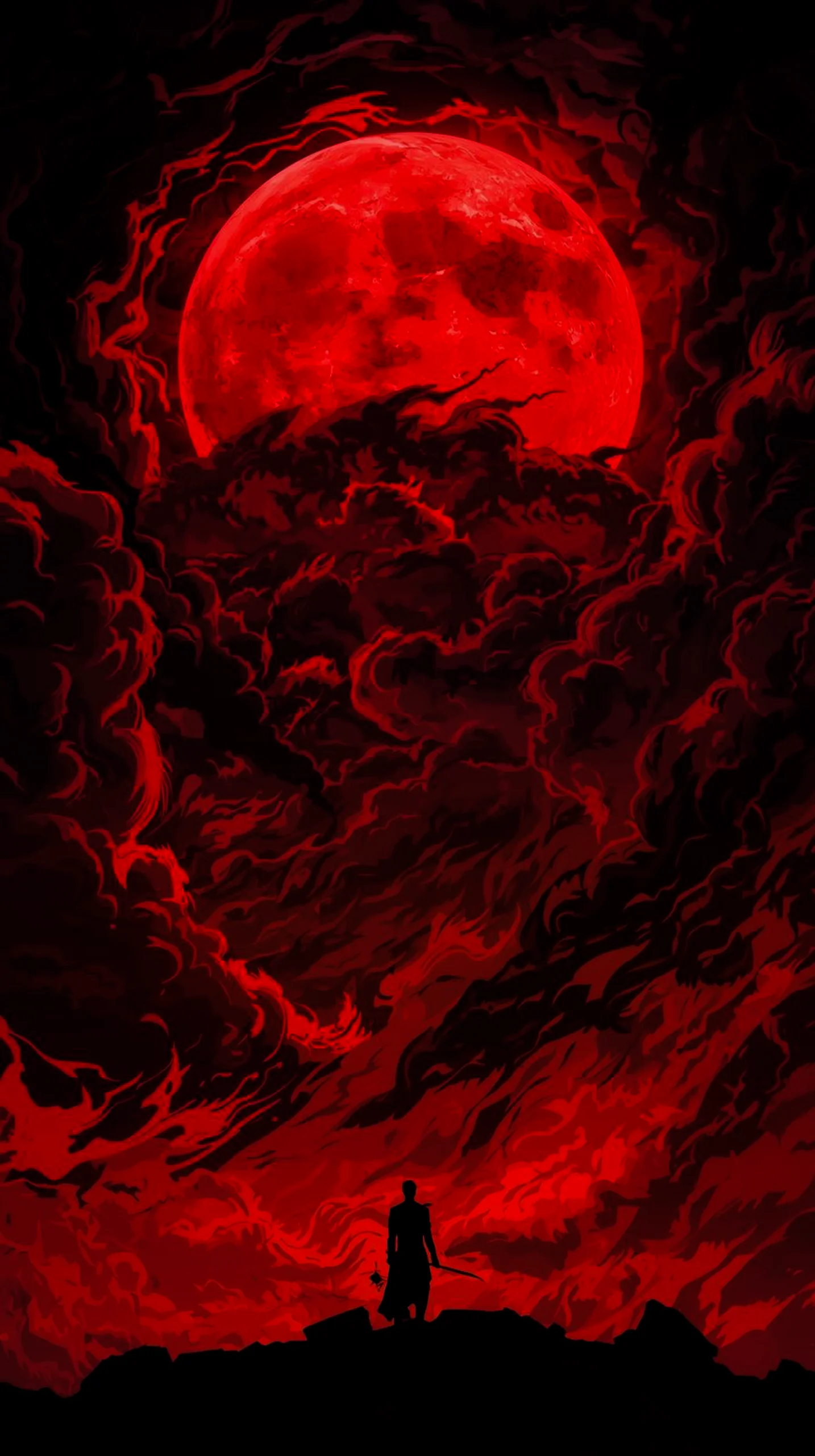 Silhouette of a warrior with a sword standing on a rocky outcrop against a dramatic red moon and fiery clouds. Mobile