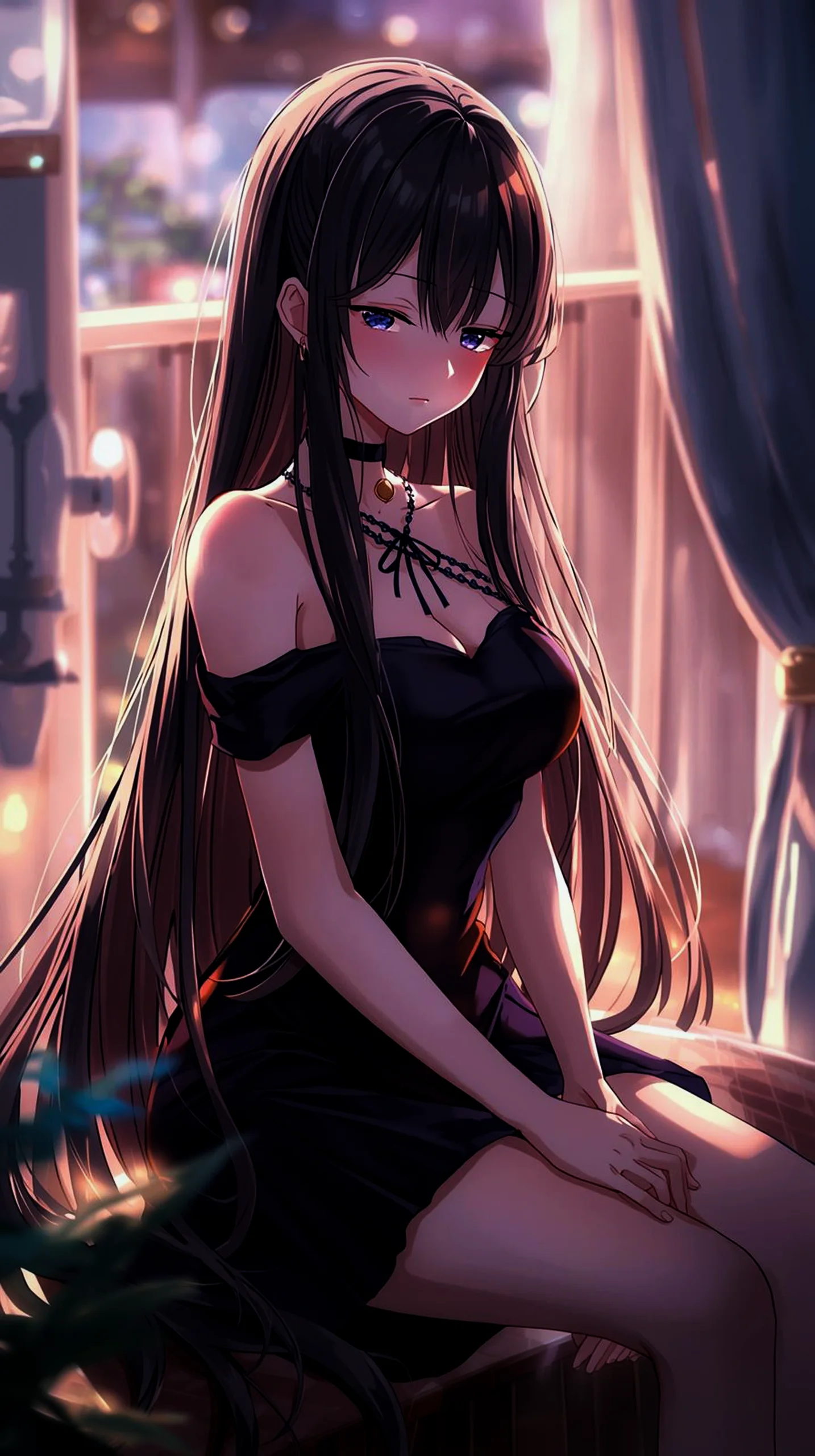 elegant anime girl in black dress wallpaper for phone 4K