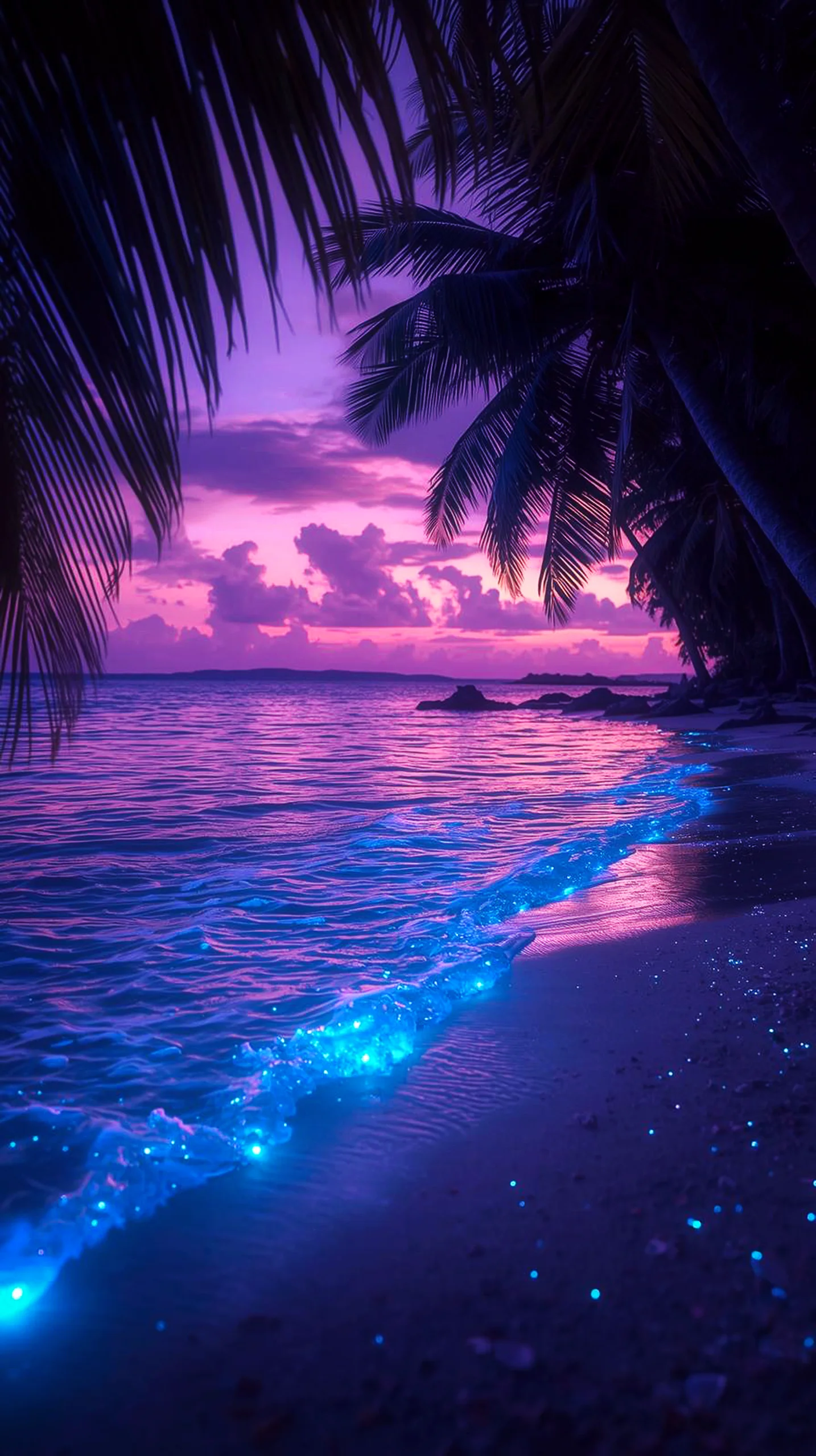 Bioluminescent beach at purple sunset. Ideal iphone wallpaper 4k, 4k wallpaper for mobile, wallpaper for phone, cute 4k