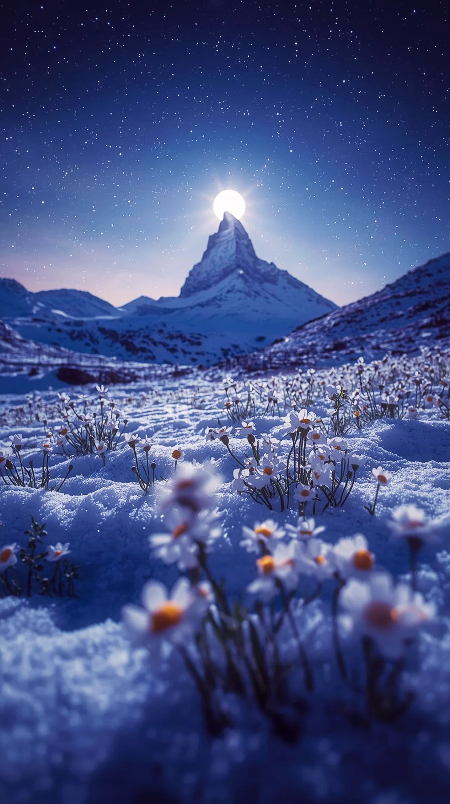 Cute 4K iPhone wallpaper with snow daisies under a full moon and starry sky. Ideal 4k wallpaper for mobile, wallpaper
