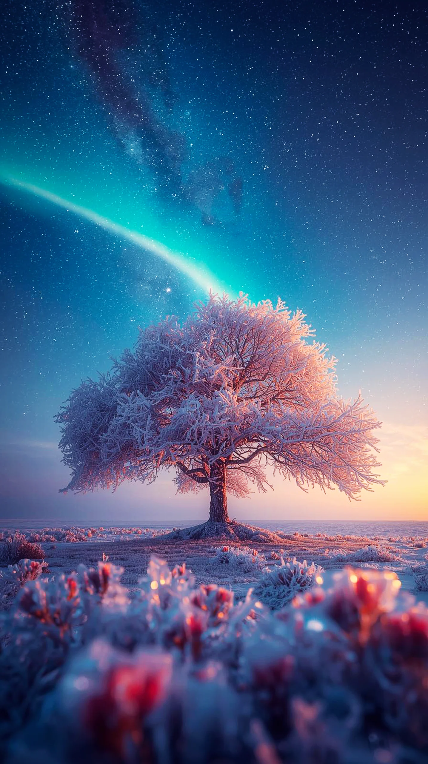 Cute 4k wallpaper for iphone: frosted tree, aurora, starry sky. Great 4k wallpaper for mobile and iphone background.