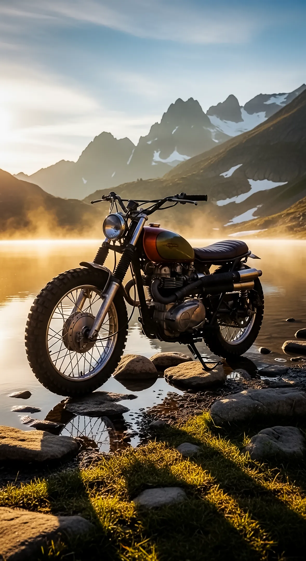 Vintage motorcycle parked by a misty lake with mountains in the background. 4k phone wallpaper for iPhone.
