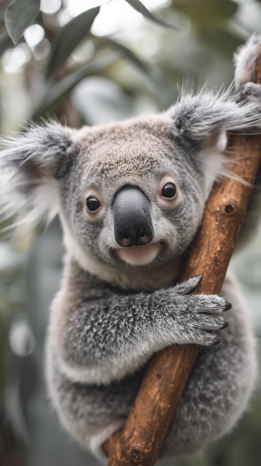 Cute koala clinging to a tree branch, looking adorable.