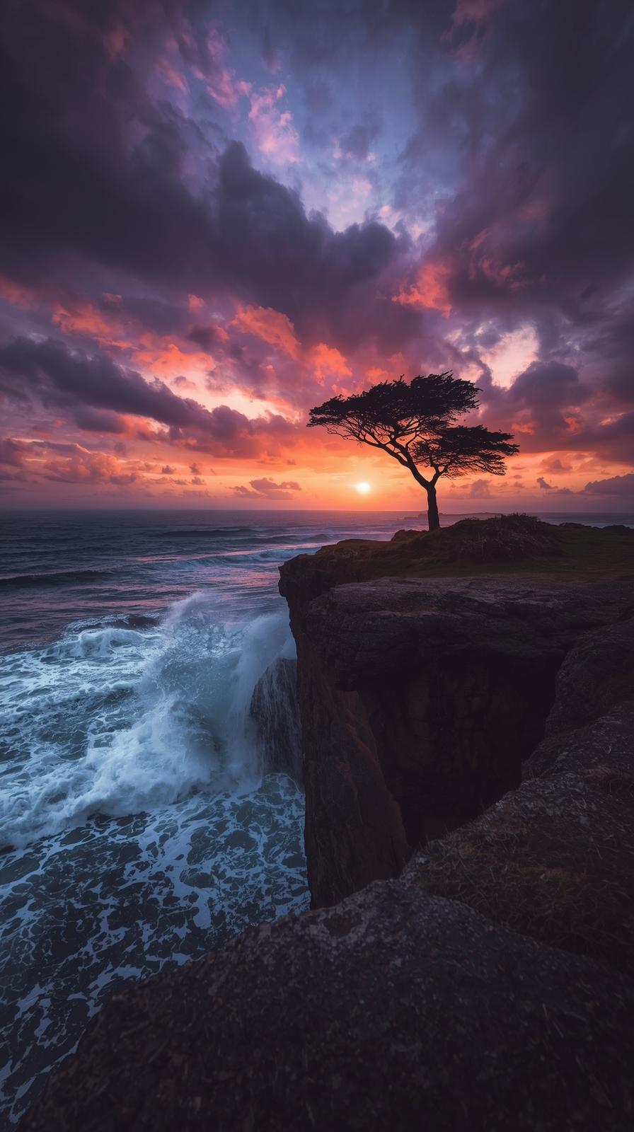 A solitary tree atop a cliff overlooking the ocean during a vibrant sunset, perfect for an iPhone wallpaper 4k.